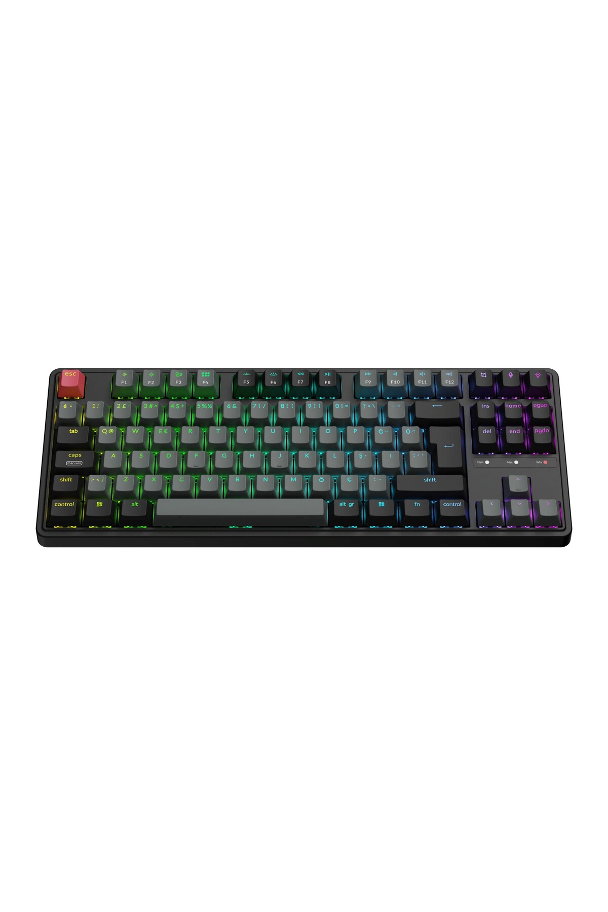 Beyaz arka plan üzerinde RGB aydınlatmalı siyah klavye.
