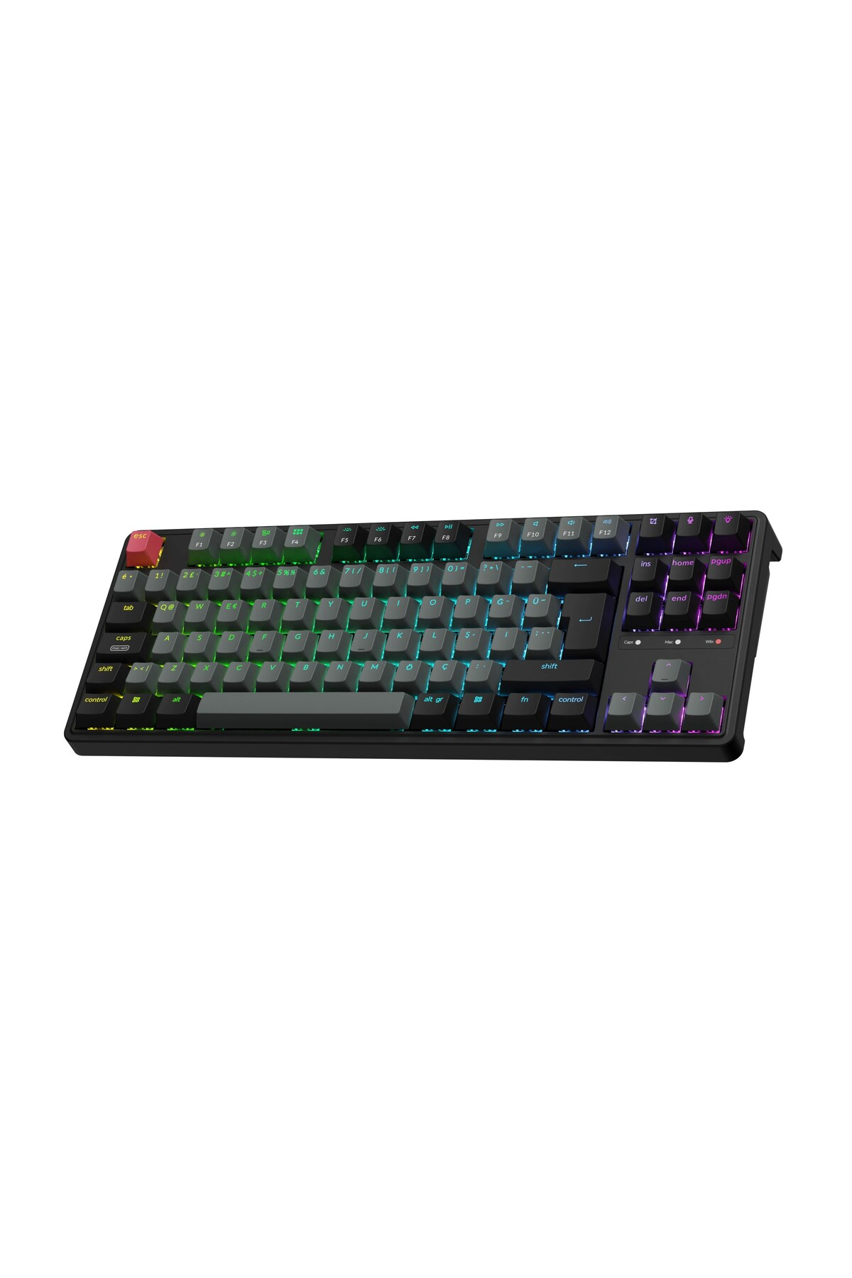 RGB aydınlatmalı siyah mekanik klavye, yakın çekim.