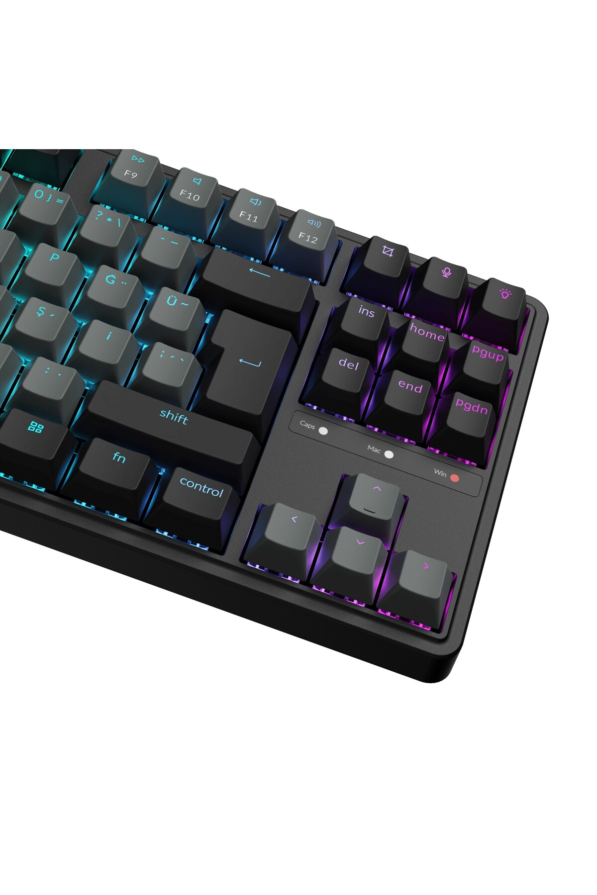 Çeşitli tuşları gösteren RGB aydınlatmalı siyah klavyenin yakın çekimi.