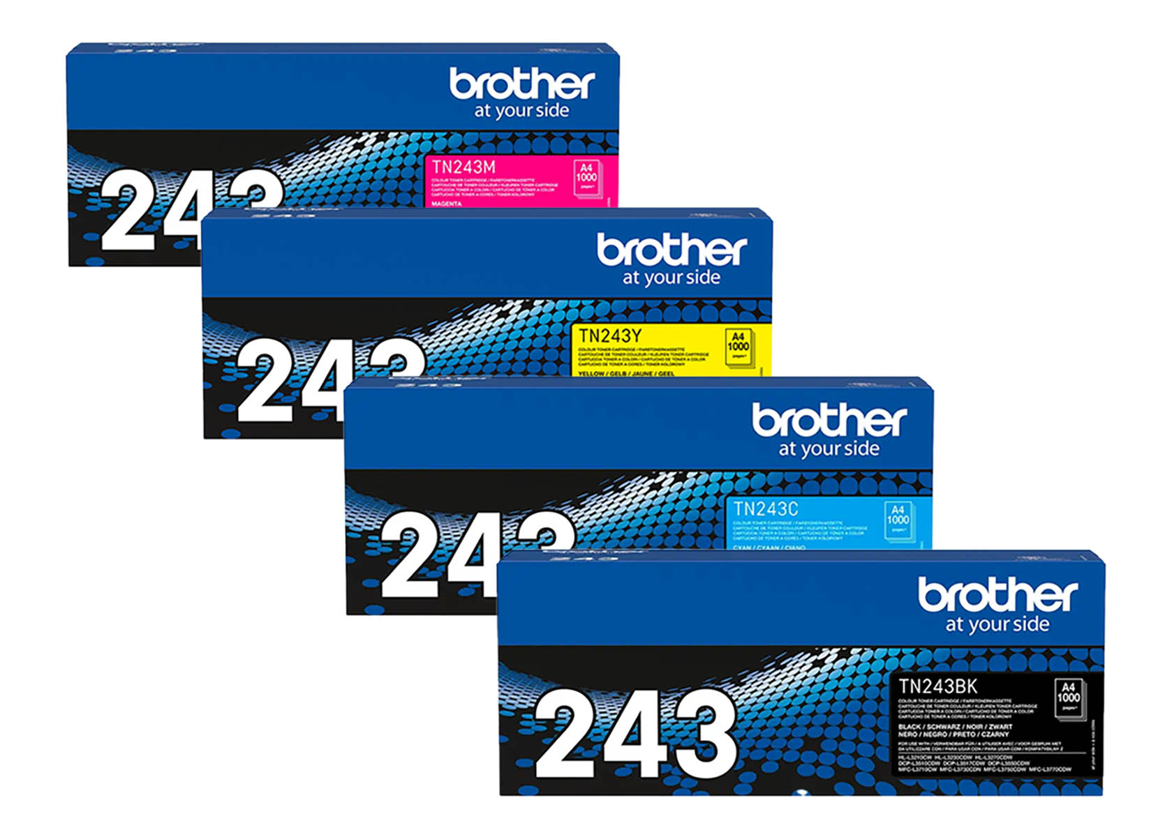 Quatre cartouches de toner Brother : Magenta, Jaune, Cyan et Noir.