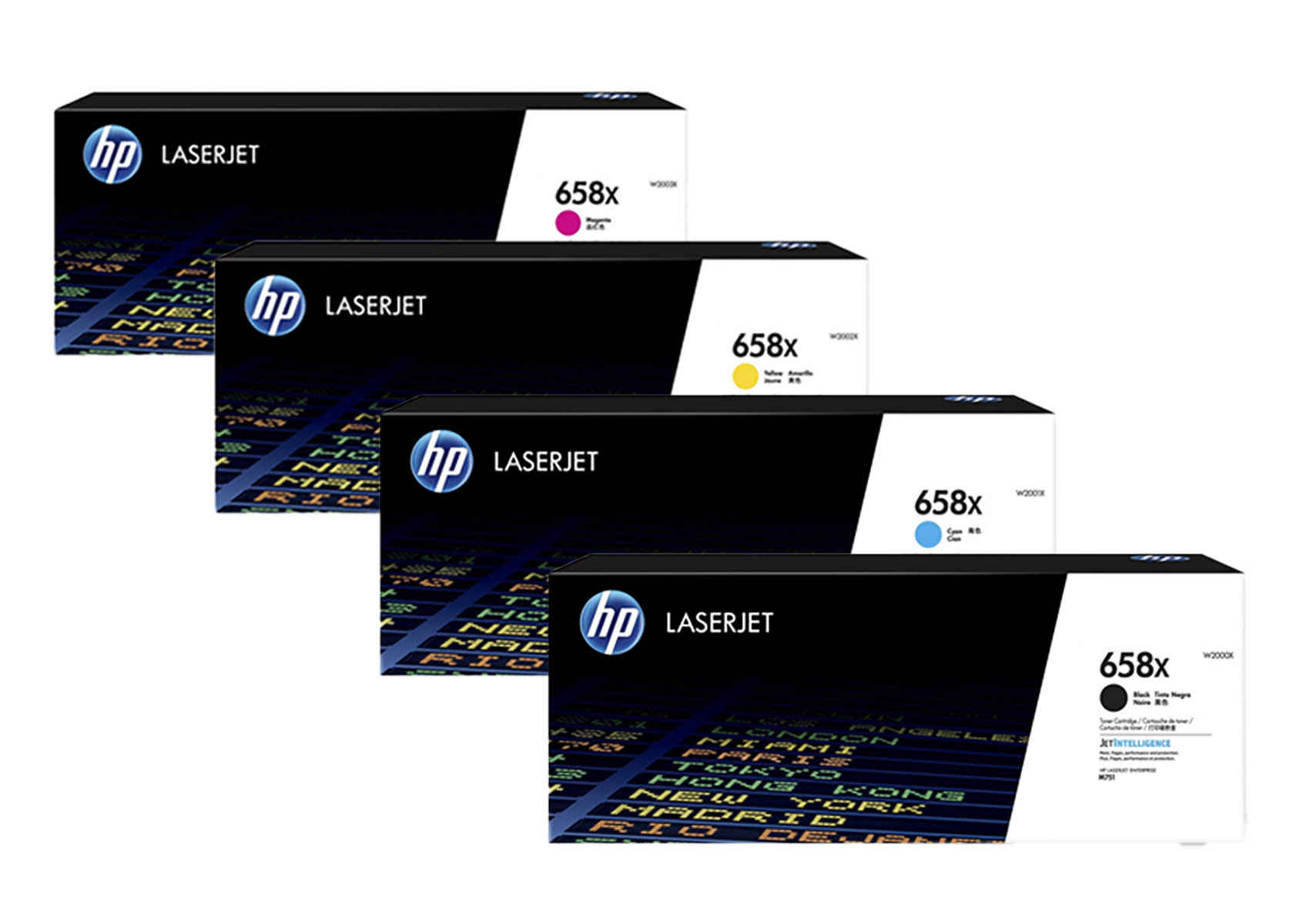 Quattro cartucce toner HP LaserJet 658x in rosa, giallo, ciano e nero.