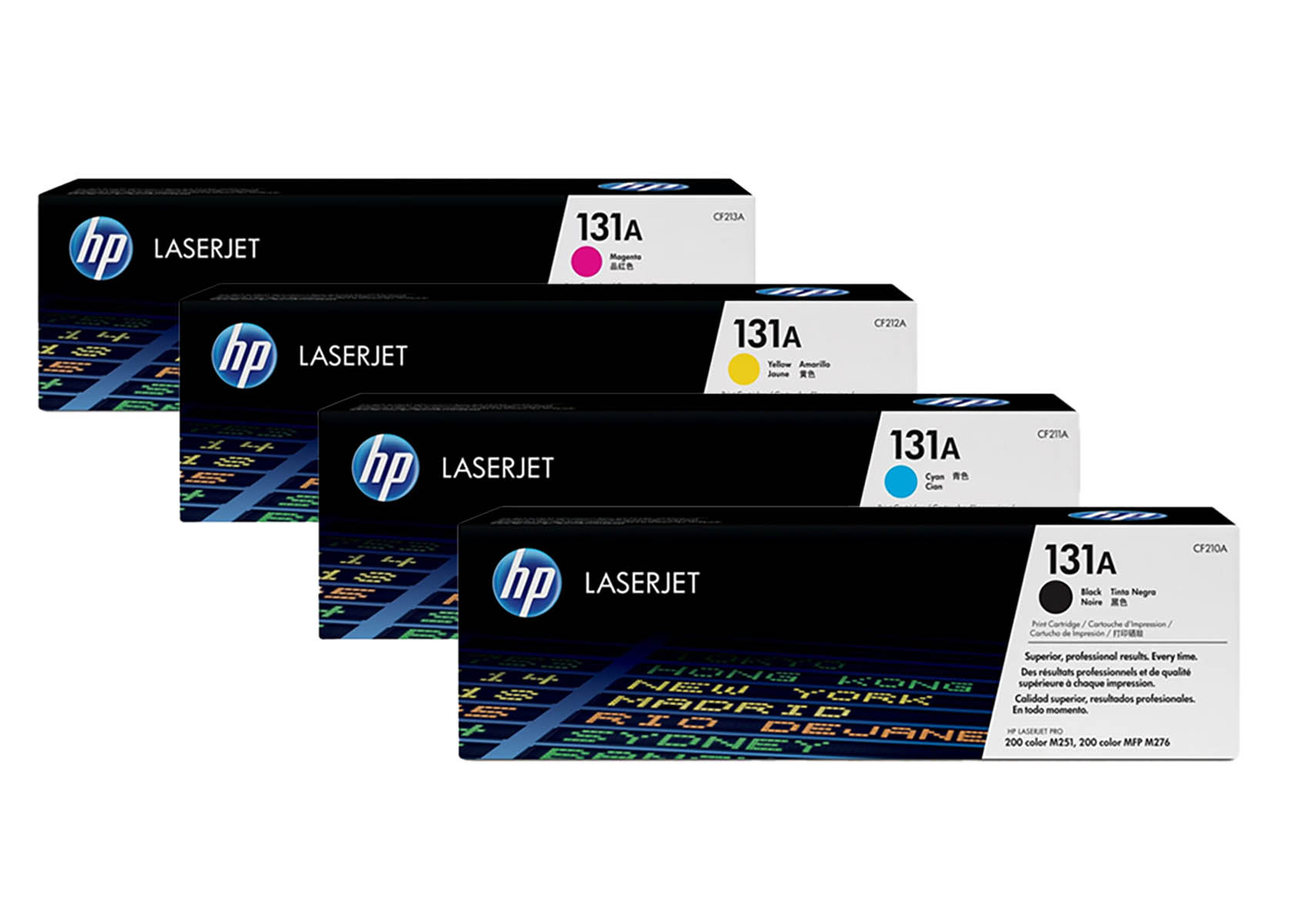 Quatre cartouches de toner HP LaserJet 131A : magenta, jaune, cyan et noir.