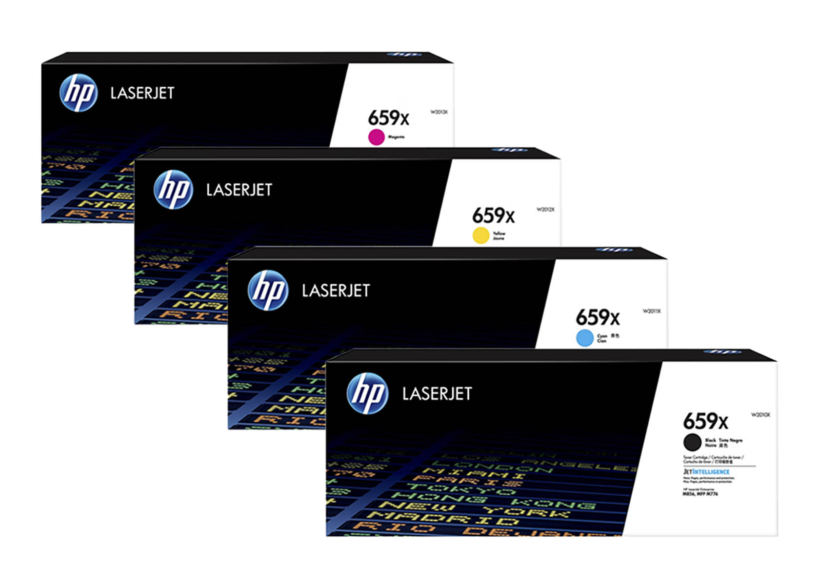 Vier HP LaserJet 659x Tonerkartuschen, Magenta, Gelb, Cyan und Schwarz.