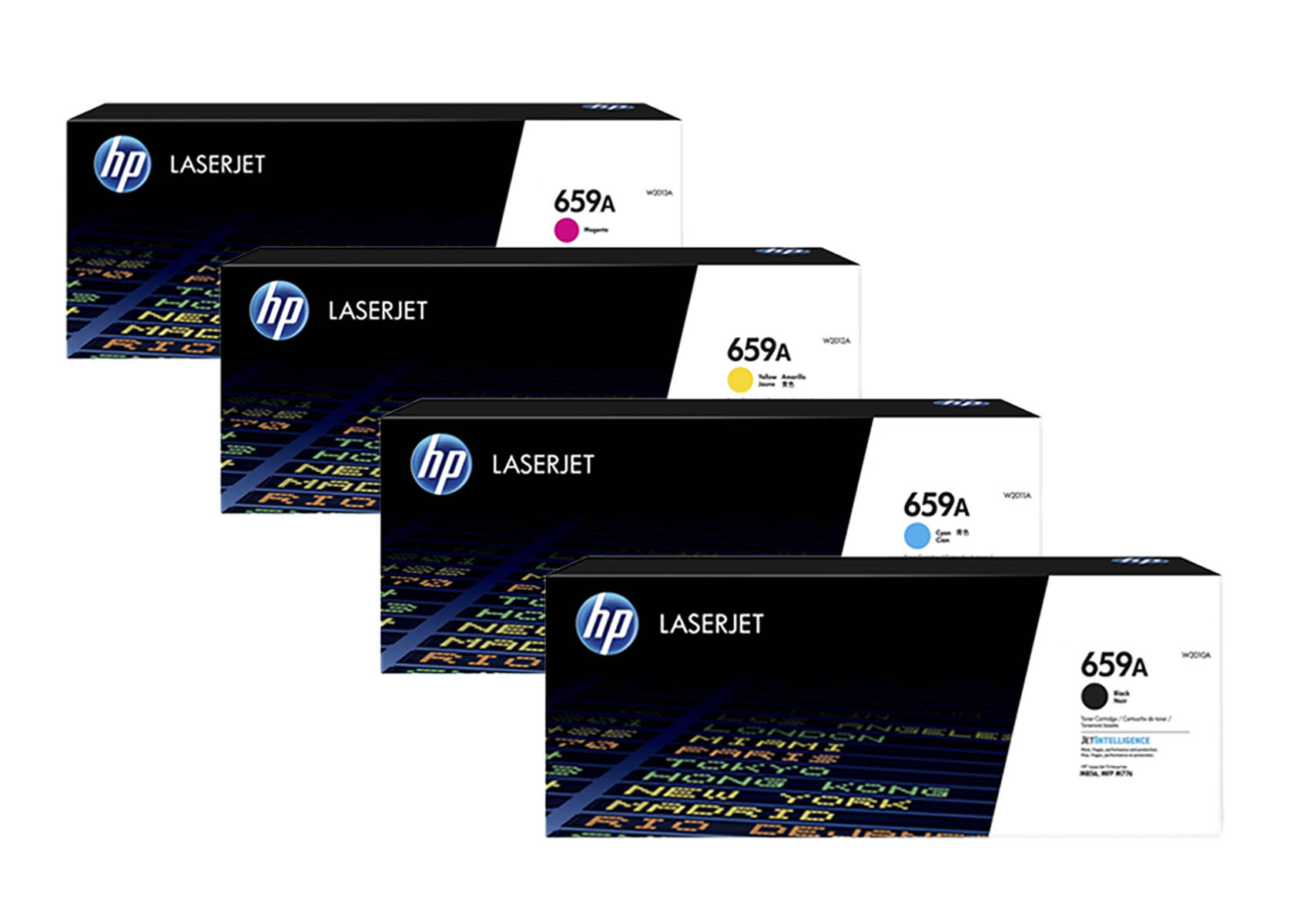 Vier HP LaserJet 659A Toner-Kartuschen in Magenta, Gelb, Cyan und Schwarz.