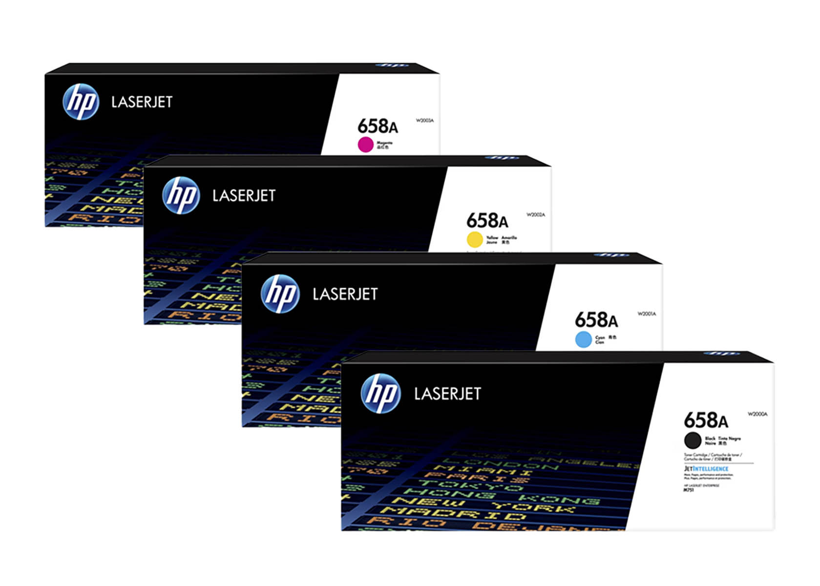 Quatre cartouches de toner HP LaserJet 658A : magenta, jaune, cyan, noir.