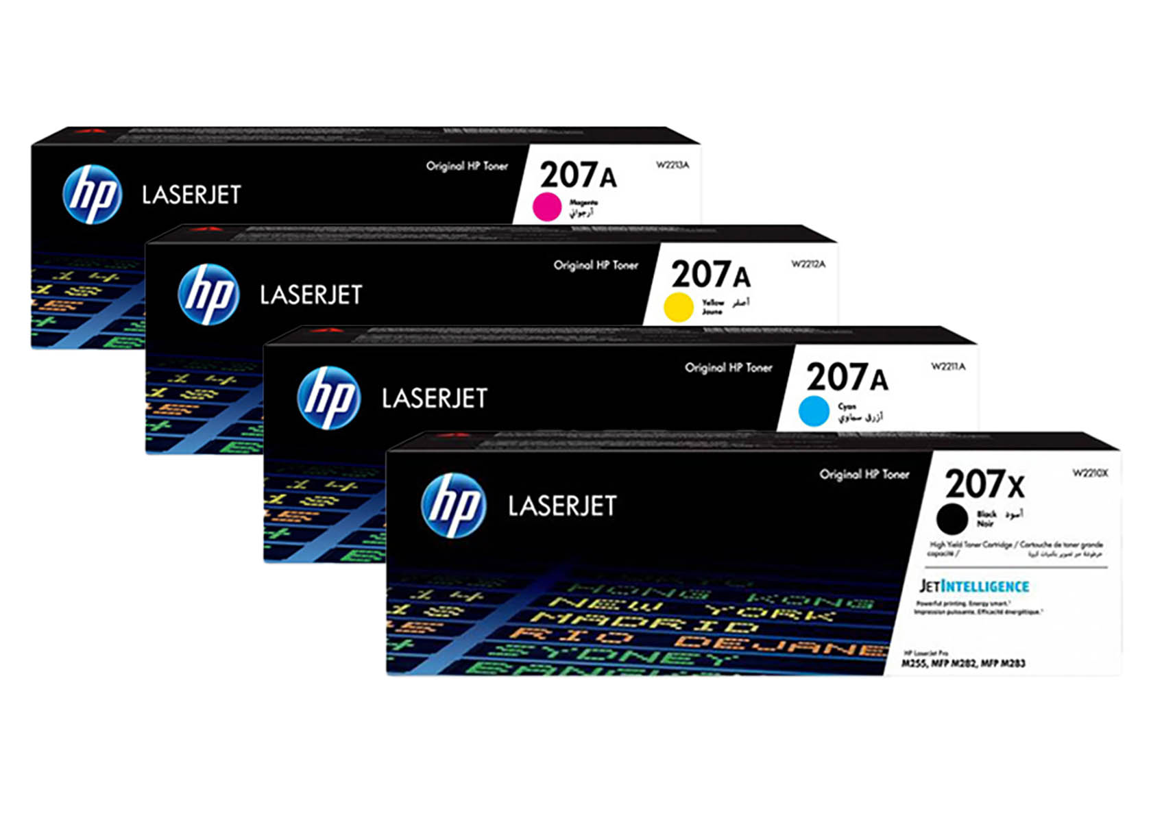 Vier HP LaserJet Toner-Kartuschen: Magenta, Gelb, Cyan und Schwarz.