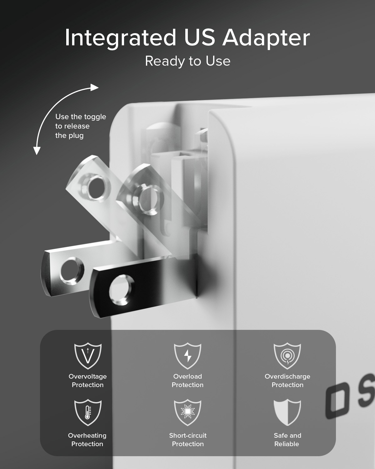 Adaptador US integrado con enchufe plegable y funciones de seguridad.