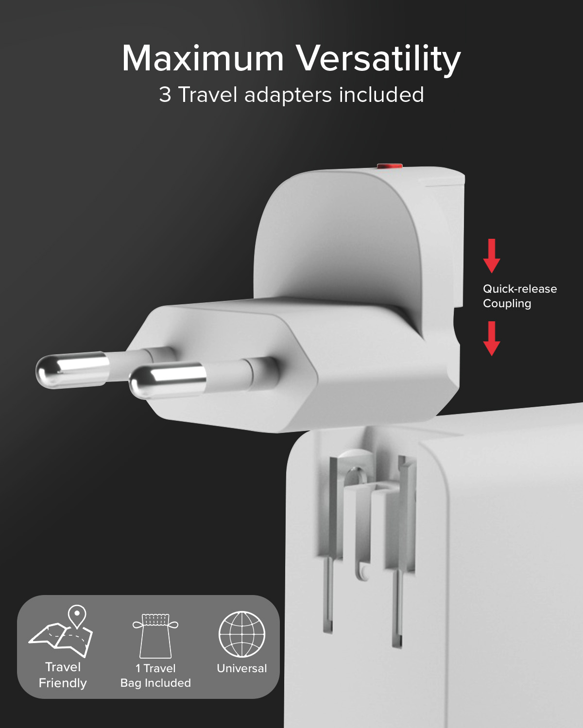 Adaptador de viaje blanco con 3 enchufes intercambiables y acoplamiento rápido.