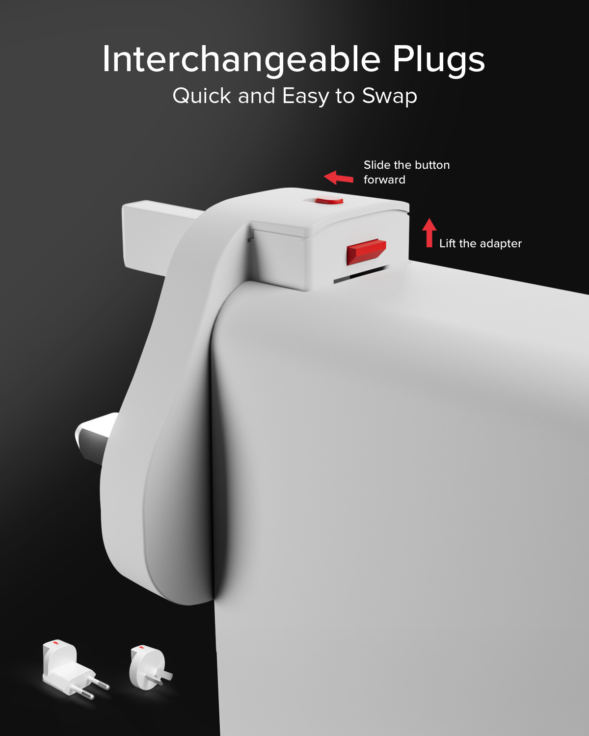 Un adaptador de viaje blanco con enchufes intercambiables e instrucciones.