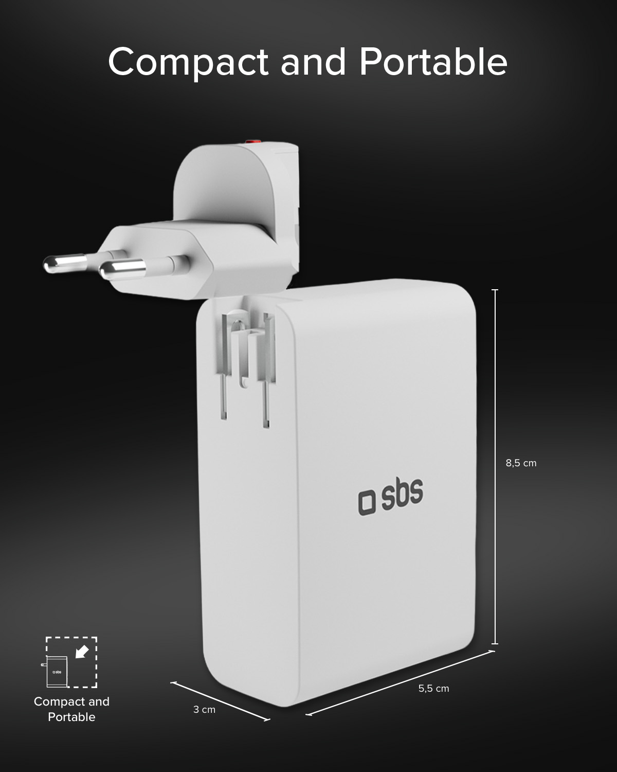 Un adaptador de corriente blanco y compacto con clavijas plegables y logo SBS.