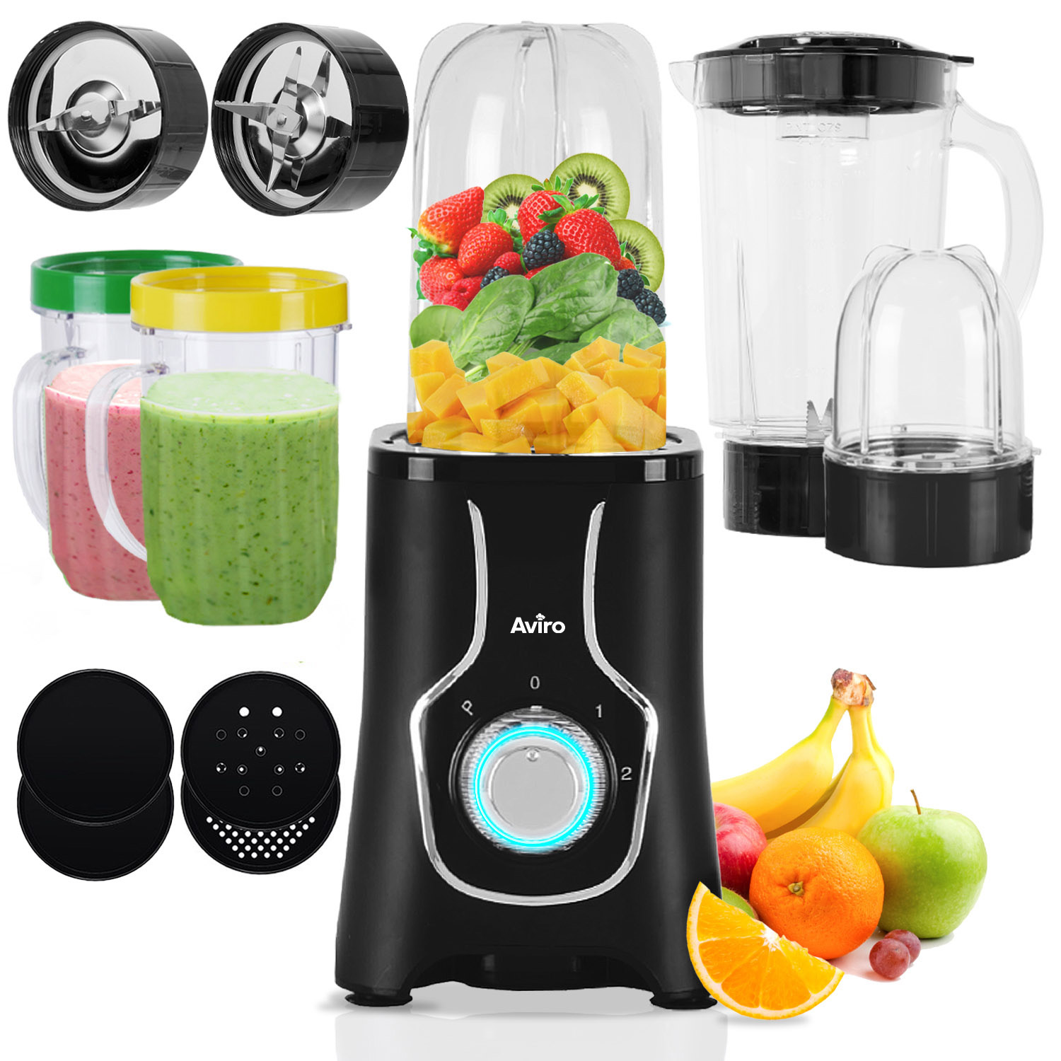 A black blender with fruits, cups, and accessories on a white background.