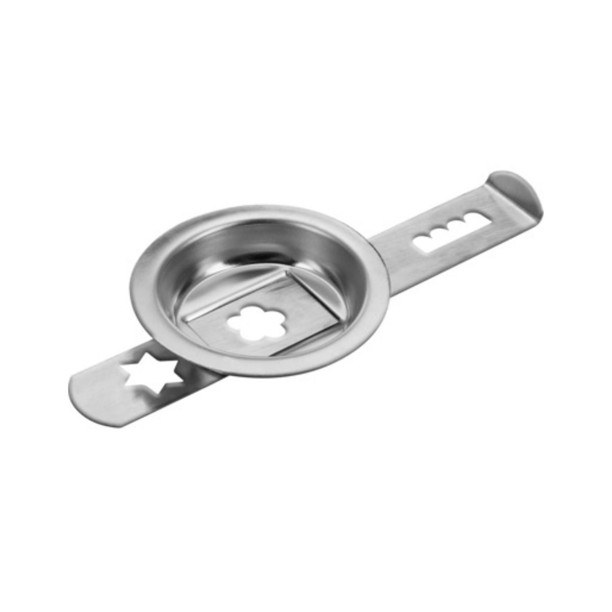 Ein silberner Eierseparator mit Stern- und Wellenausschnitten.