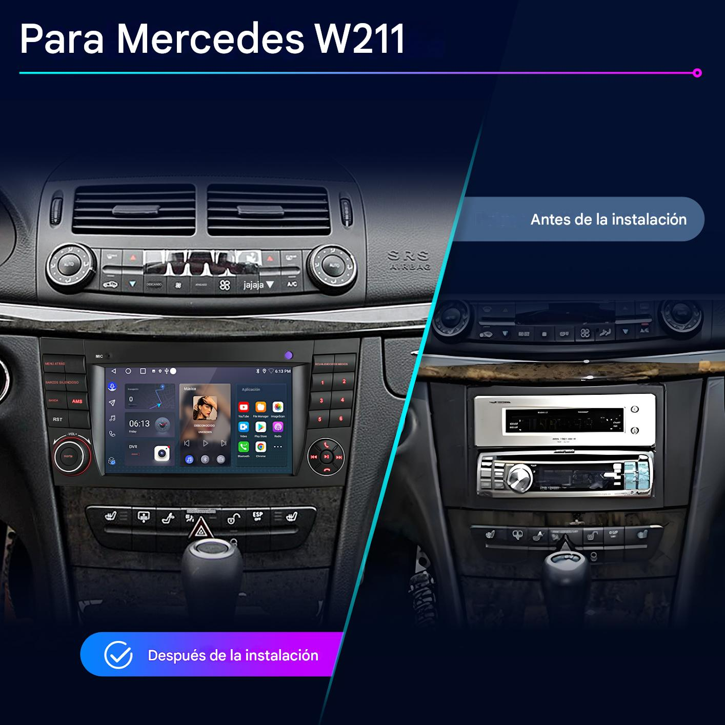 Interior Mercedes W211, pantalla dividida antes y después de instalar estéreo.