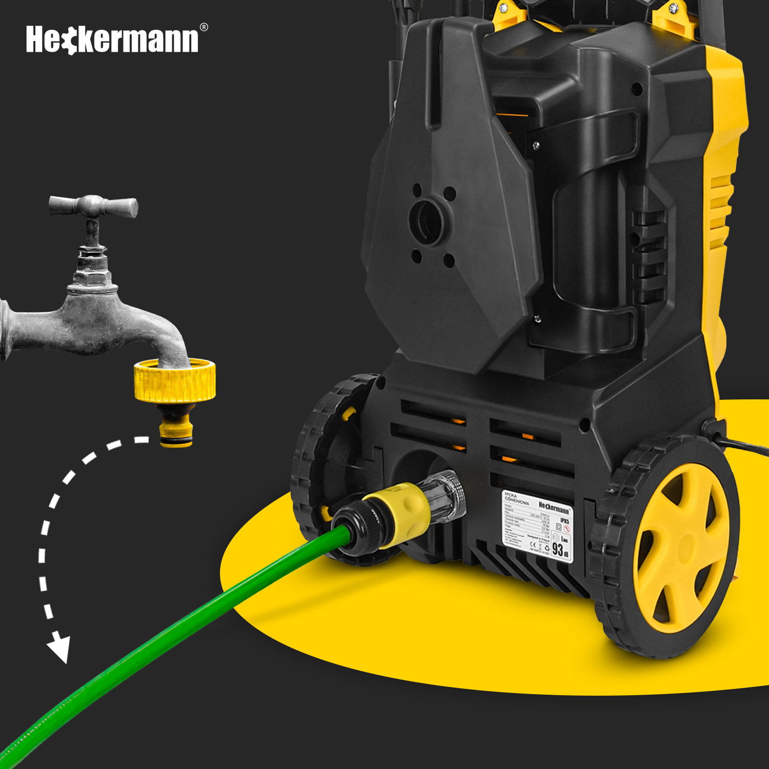 Myjka ciśnieniowa z żółtym przyłączem węża i kranem.