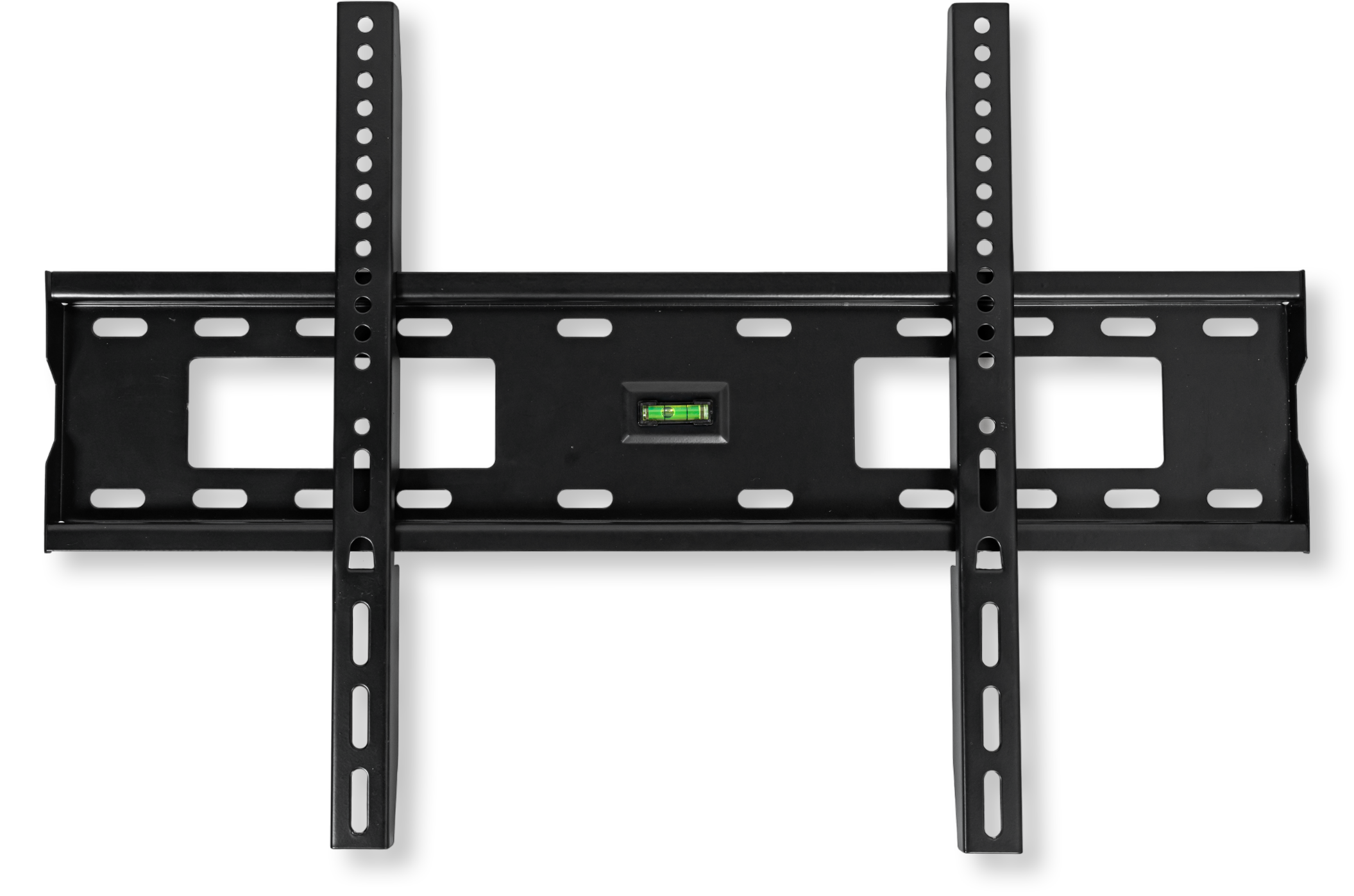 Czarny uchwyt ścienny do telewizora z wbudowaną poziomicą i regulowanymi ramionami.