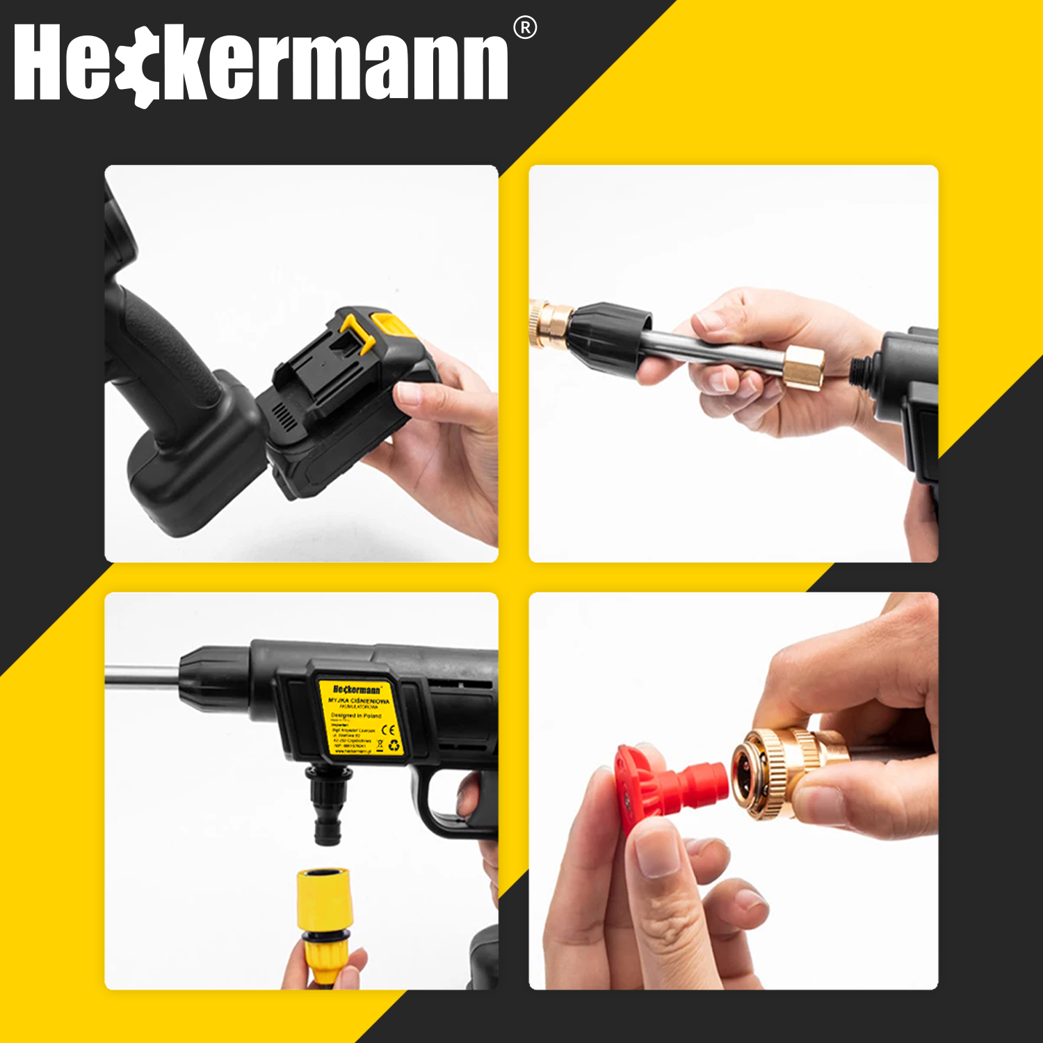 Demonstracja montażu myjki ciśnieniowej z akumulatorem i wężem.