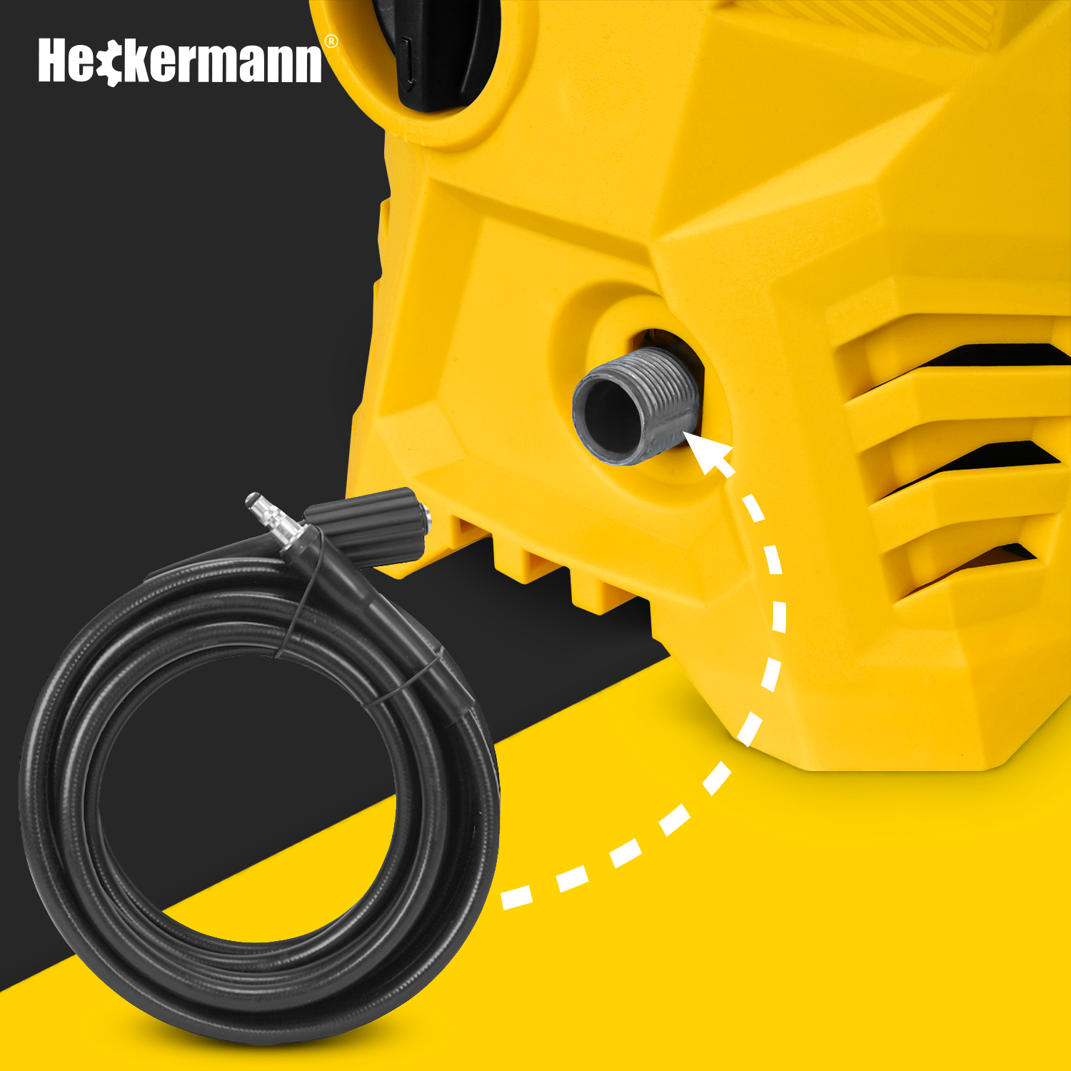 Żółta myjka ciśnieniowa z czarnym wężem obok.