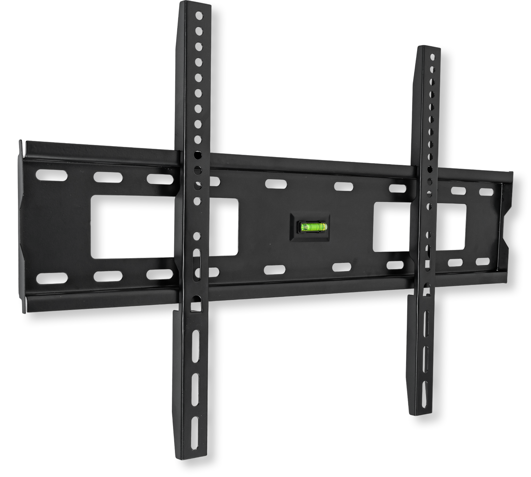 Czarny uchwyt ścienny do TV z wbudowaną poziomicą, regulowany i solidny.