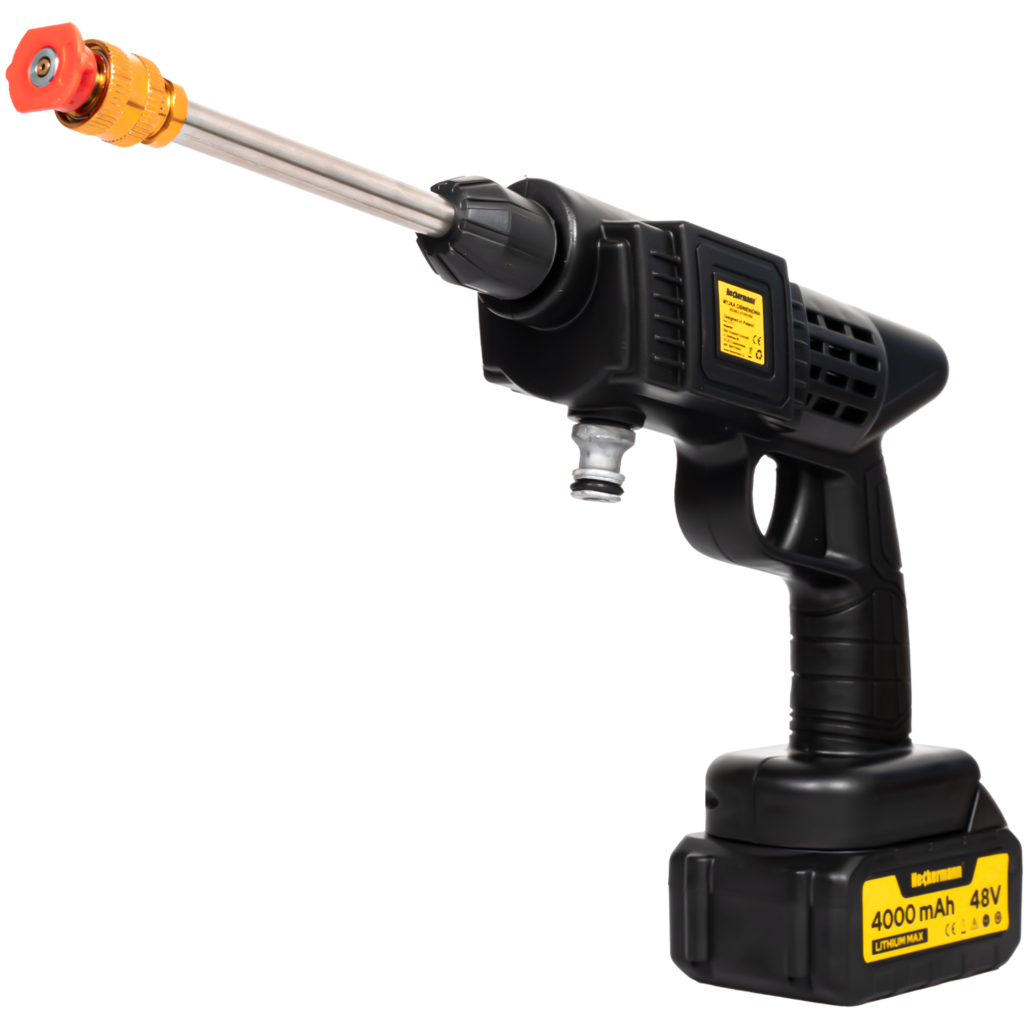 Czarna bezprzewodowa myjka ciśnieniowa ze złotą dyszą i srebrną lancą.