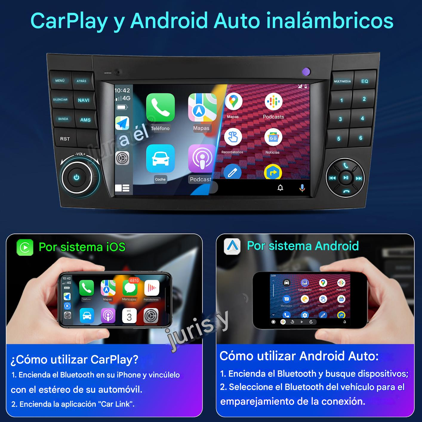 Sistema de infoentretenimiento del coche mostrando interfaces CarPlay y Android Auto.