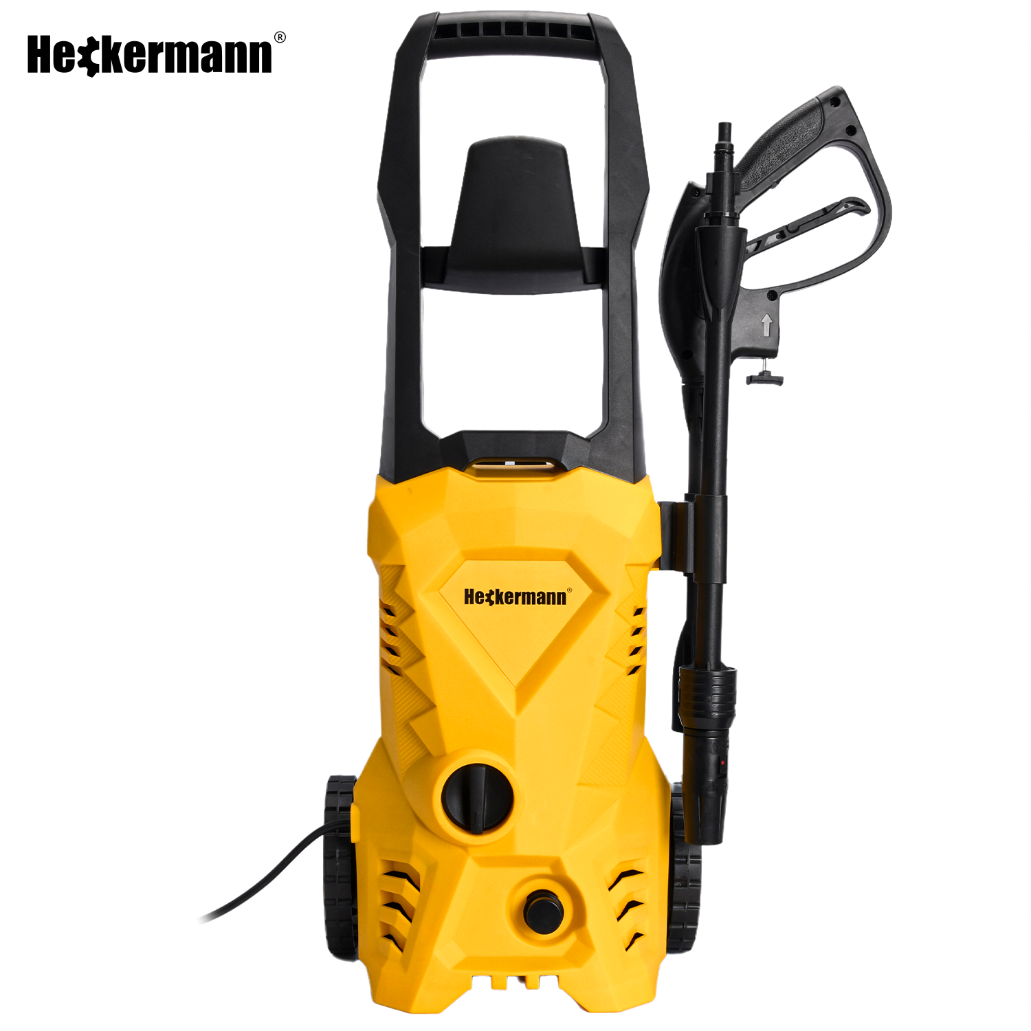 Żółta myjka ciśnieniowa z czarnym uchwytem i wężem.