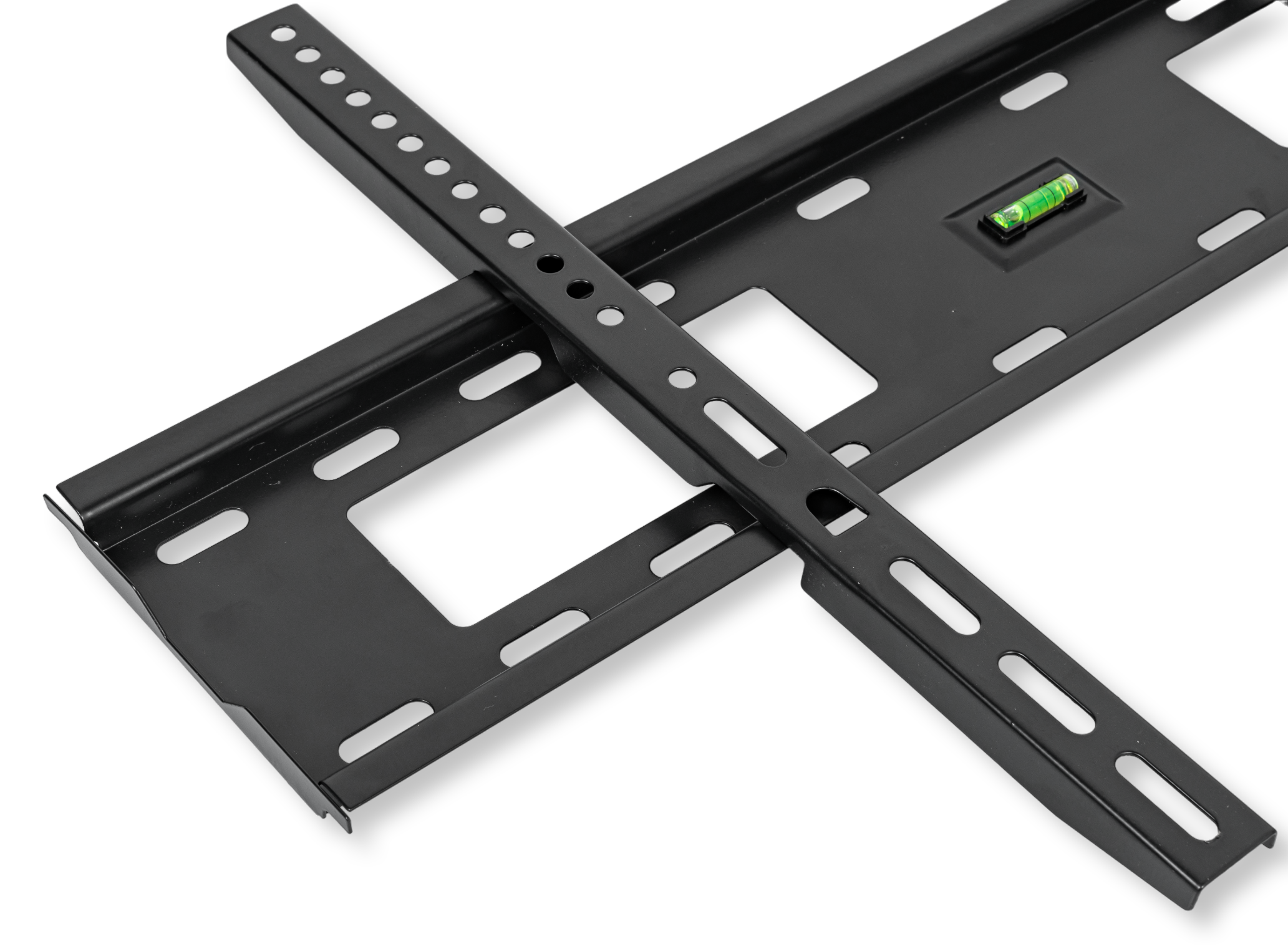 Czarny uchwyt ścienny do telewizora z wbudowaną poziomicą na czarnym tle.