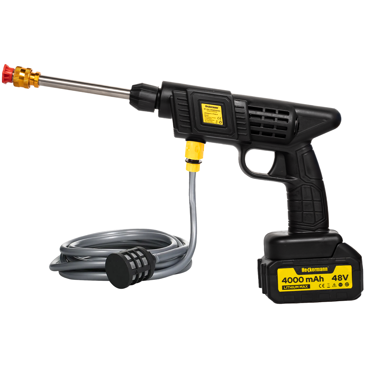 Czarna myjka ciśnieniowa z wężem, filtrem i akumulatorem 48V.