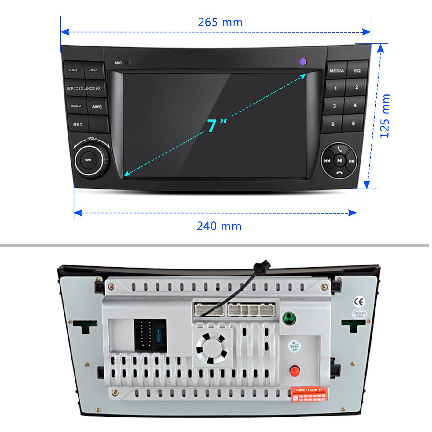 Vista frontal y trasera de un autorradio de 7 pulgadas con botones y conectores.