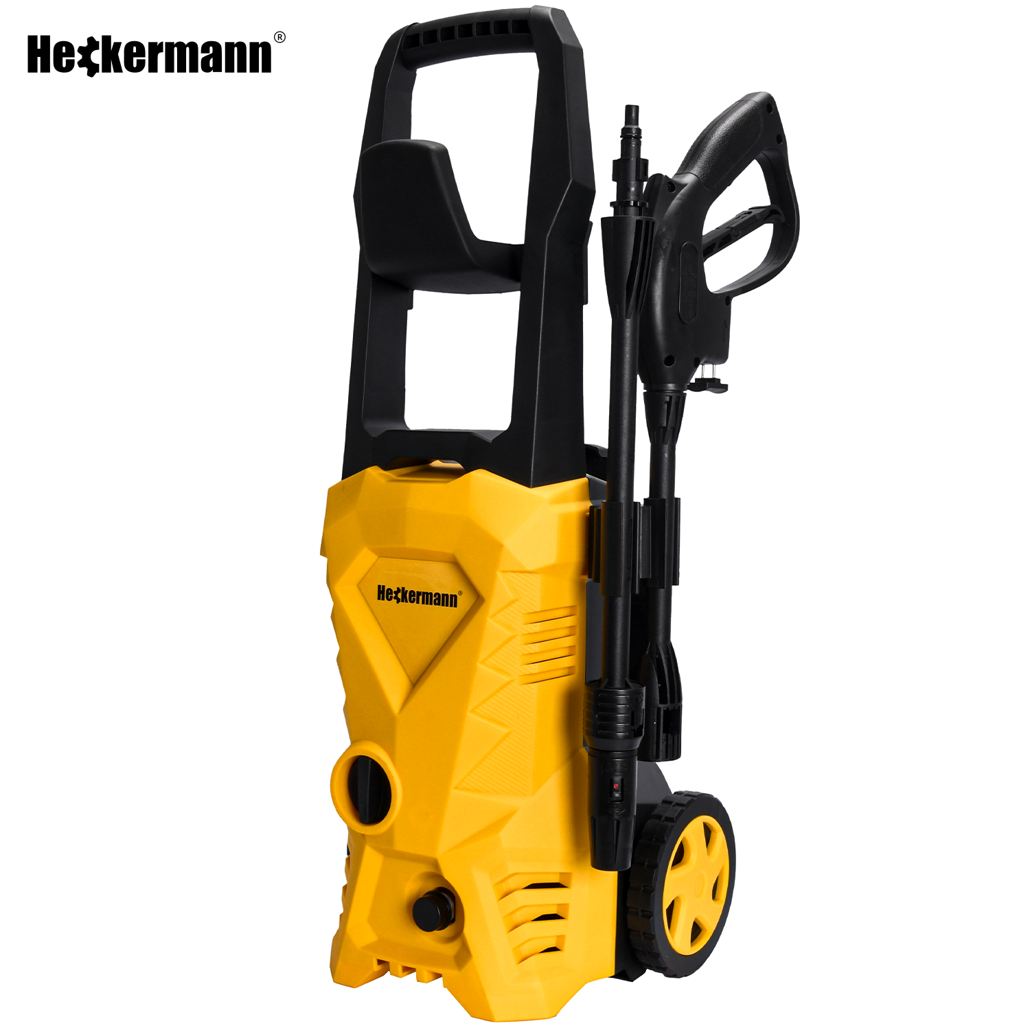 Żółta myjka ciśnieniowa z czarnym uchwytem i kołami.