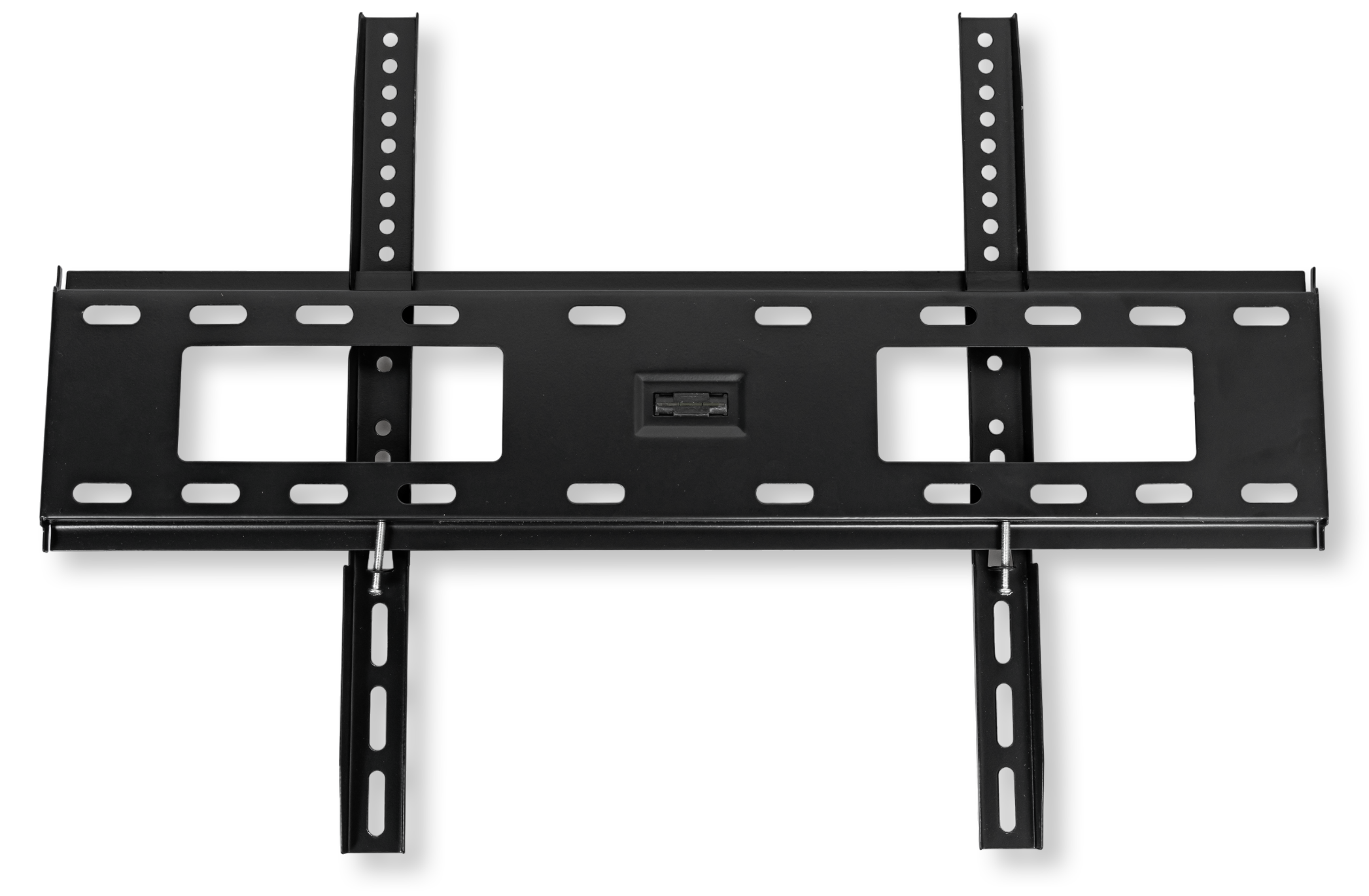 Czarny metalowy uchwyt ścienny do telewizora z regulowanymi ramionami i otworami montażowymi.