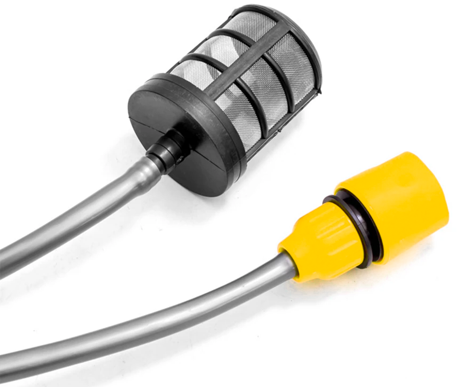 Czarny filtr siatkowy z wężem i żółtym złączem na białym tle.