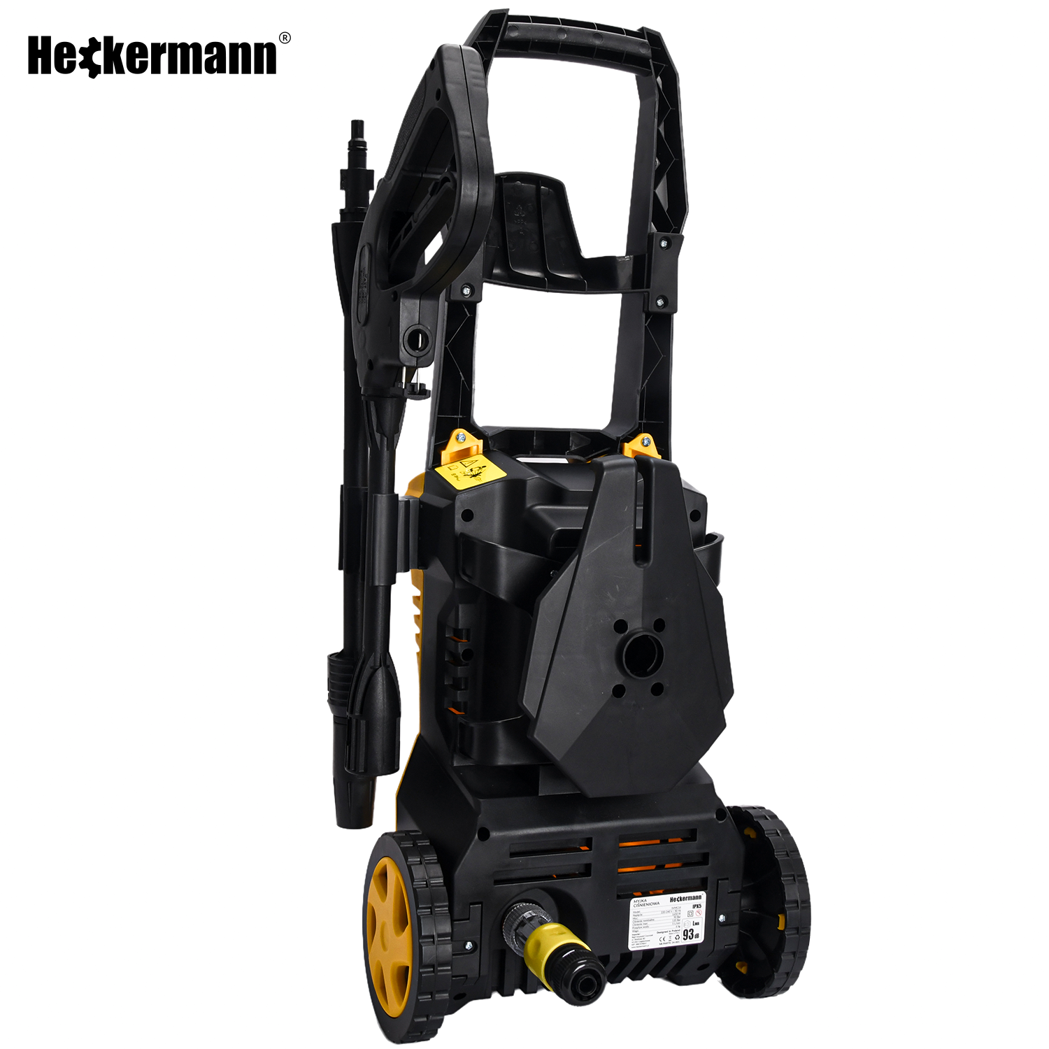 Czarna myjka ciśnieniowa z żółtymi kołami i uchwytem.