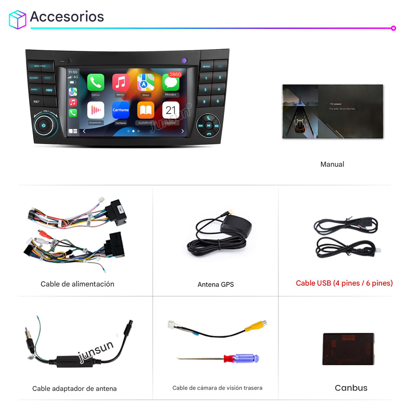 La imagen muestra accesorios: radio de coche, cables, antena, cable USB, Canbus y manual.