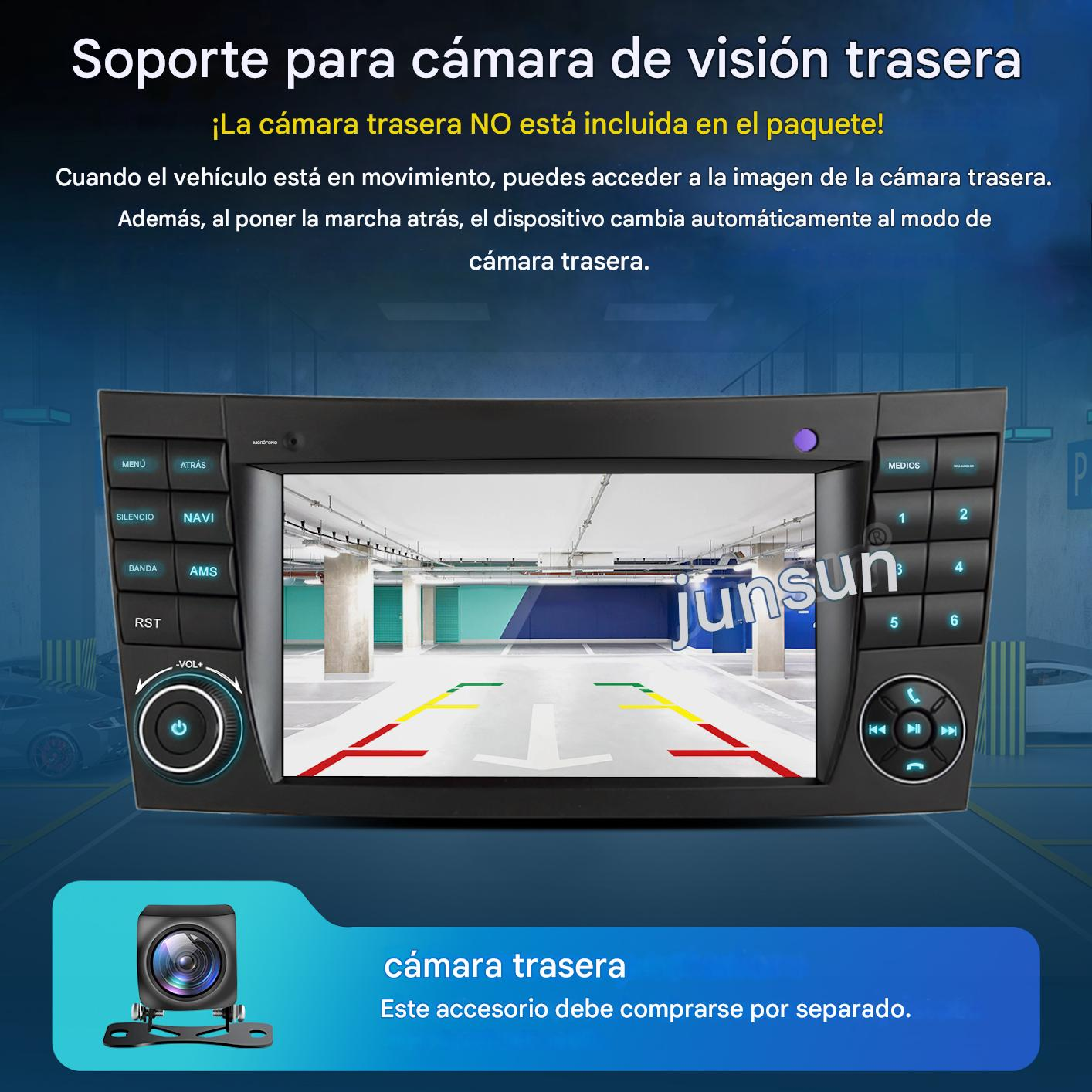 Un estéreo de coche muestra una vista de cámara trasera de un garaje.
