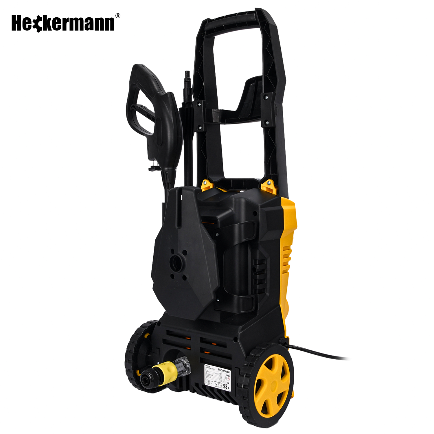 Żółta i czarna myjka ciśnieniowa z kołami i uchwytem.