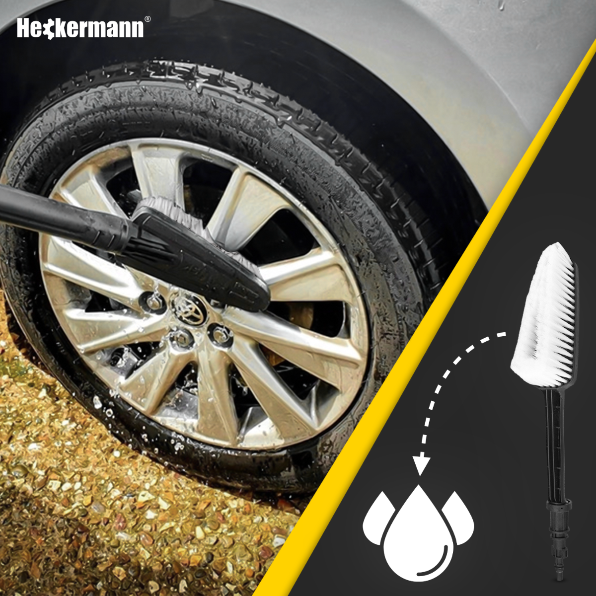 Szczotka czyści mokrą felgę i oponę samochodu, pryskając wodą.