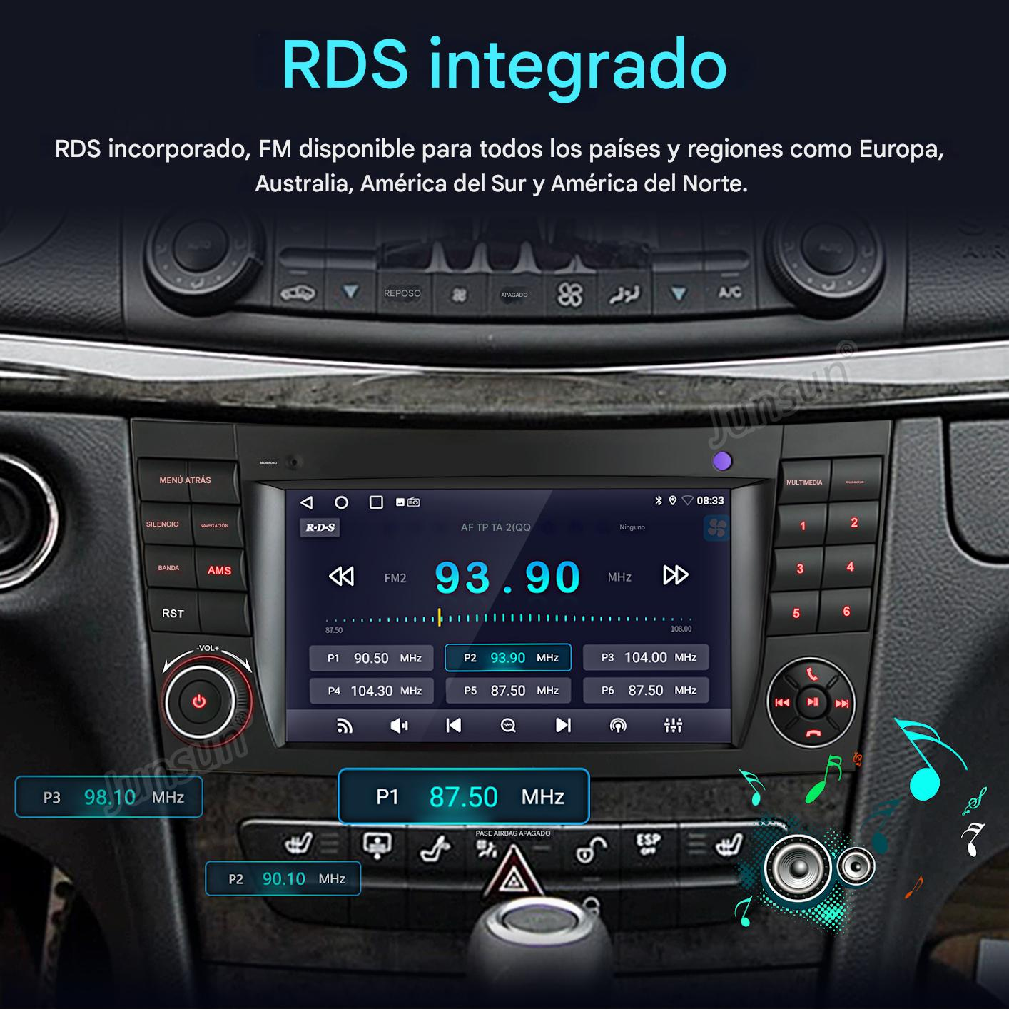 Un estéreo de coche con una gran pantalla táctil muestra frecuencias FM y botones.