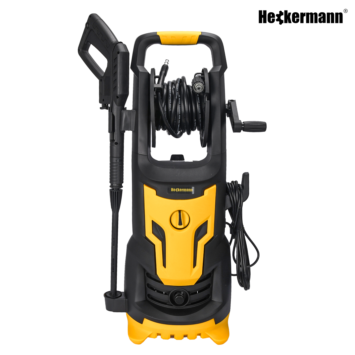 Żółto-czarna myjka ciśnieniowa z bębnem na wąż i pistoletem.