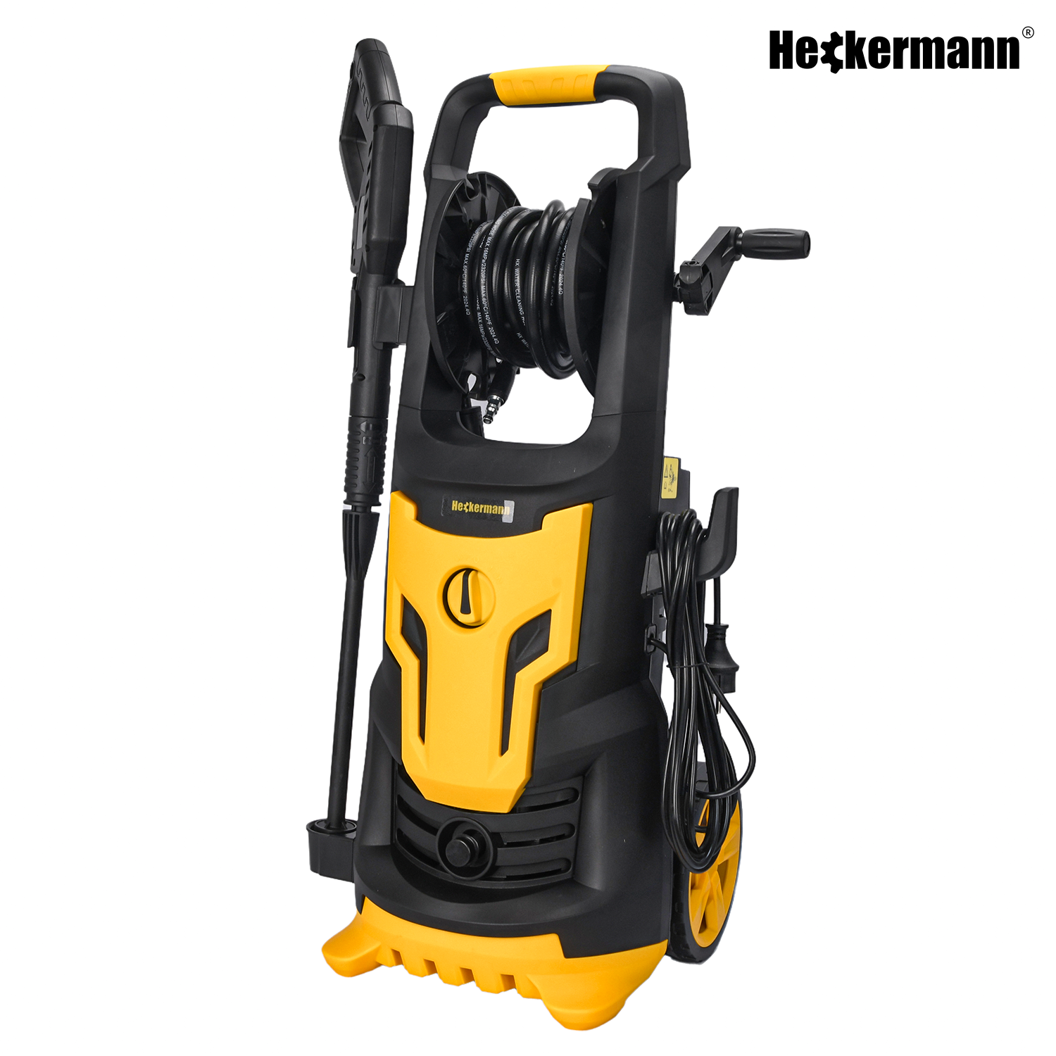 Żółta i czarna myjka ciśnieniowa z bębnem na wąż i pistoletem.