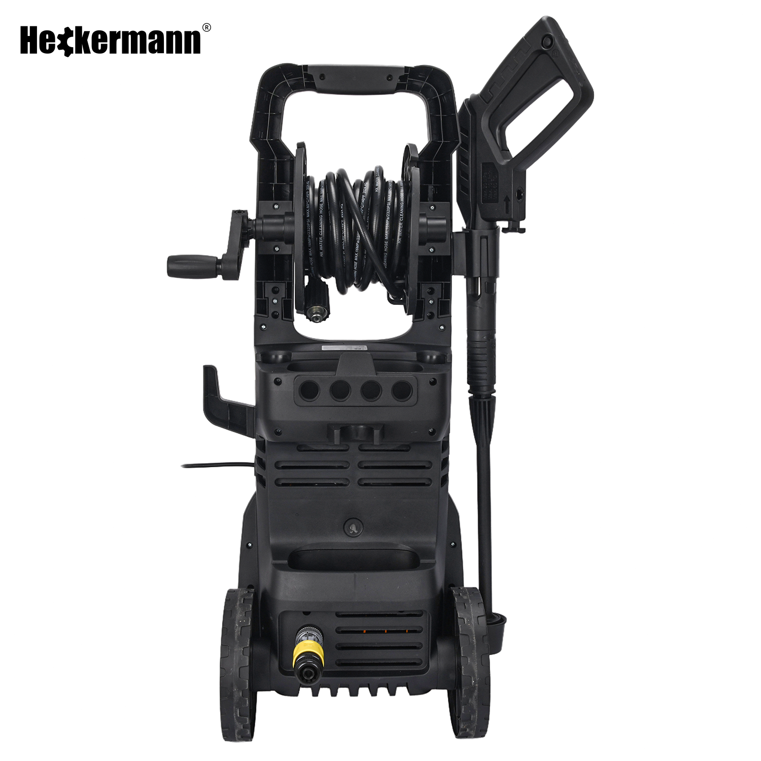 Czarna myjka ciśnieniowa z bębnem na wąż, uchwytem i kołami.