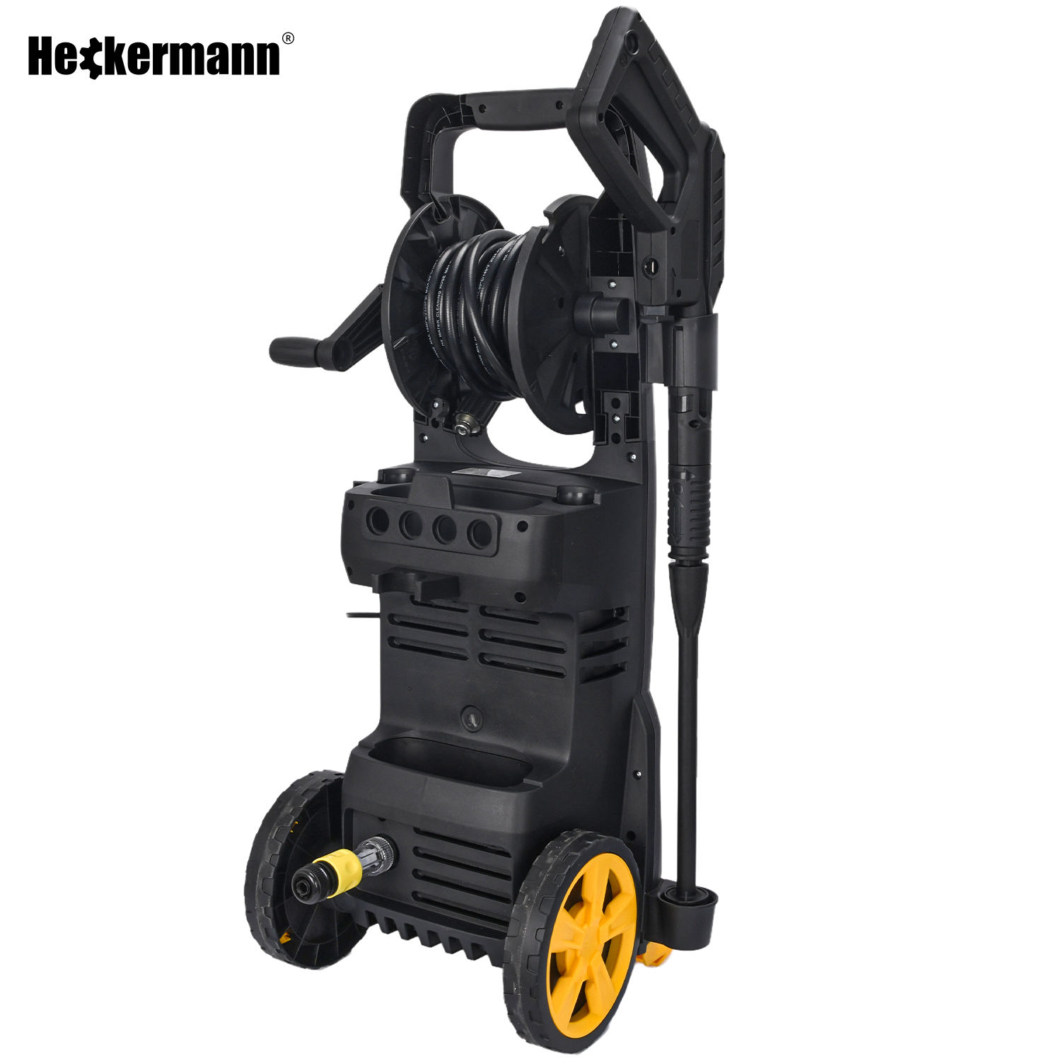 Czarna myjka ciśnieniowa na kołach z bębnem na wąż i pistoletem.