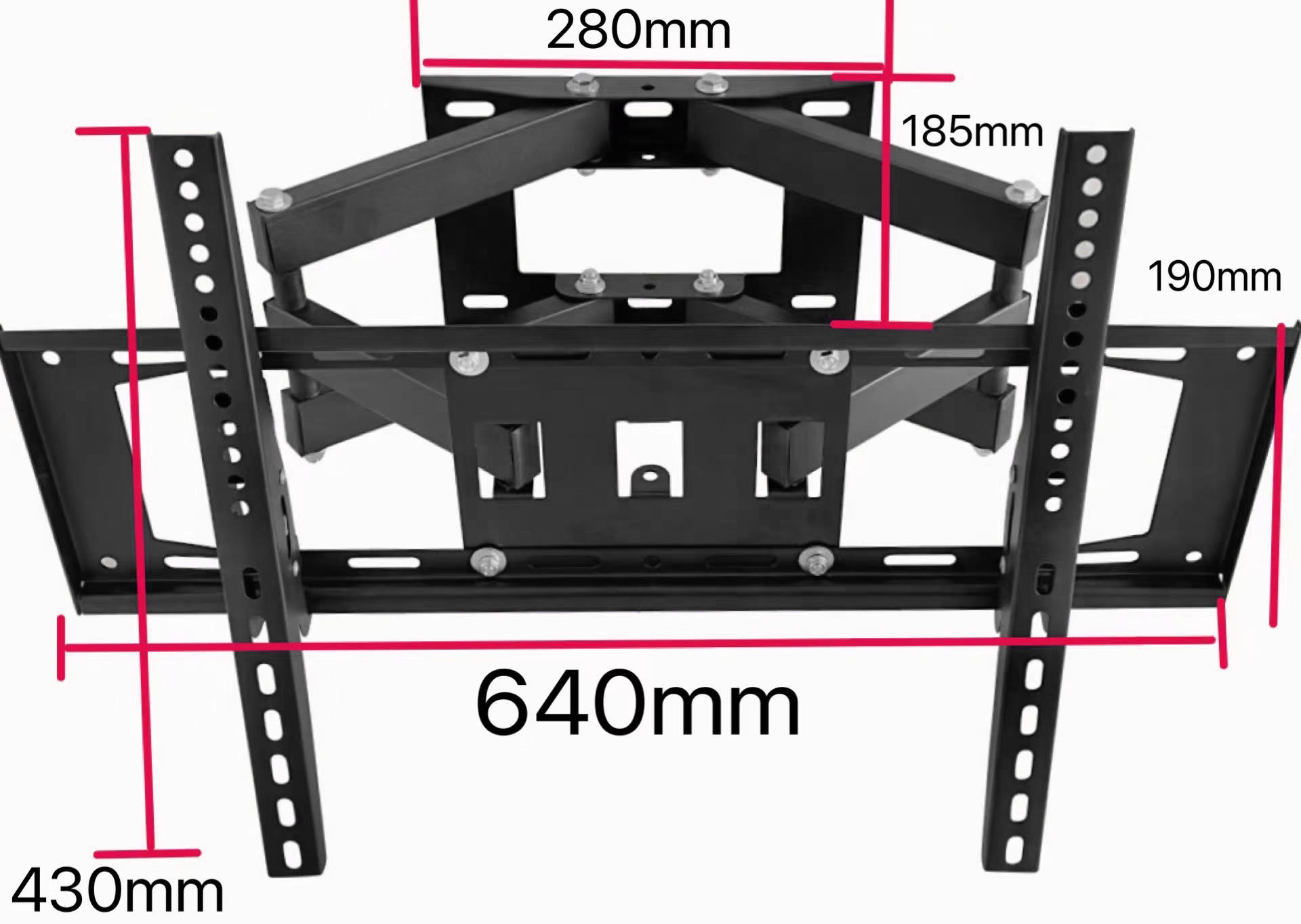 Czarny uchwyt TV z wymiarami: 280mm, 185mm, 190mm, 430mm, 640mm.
