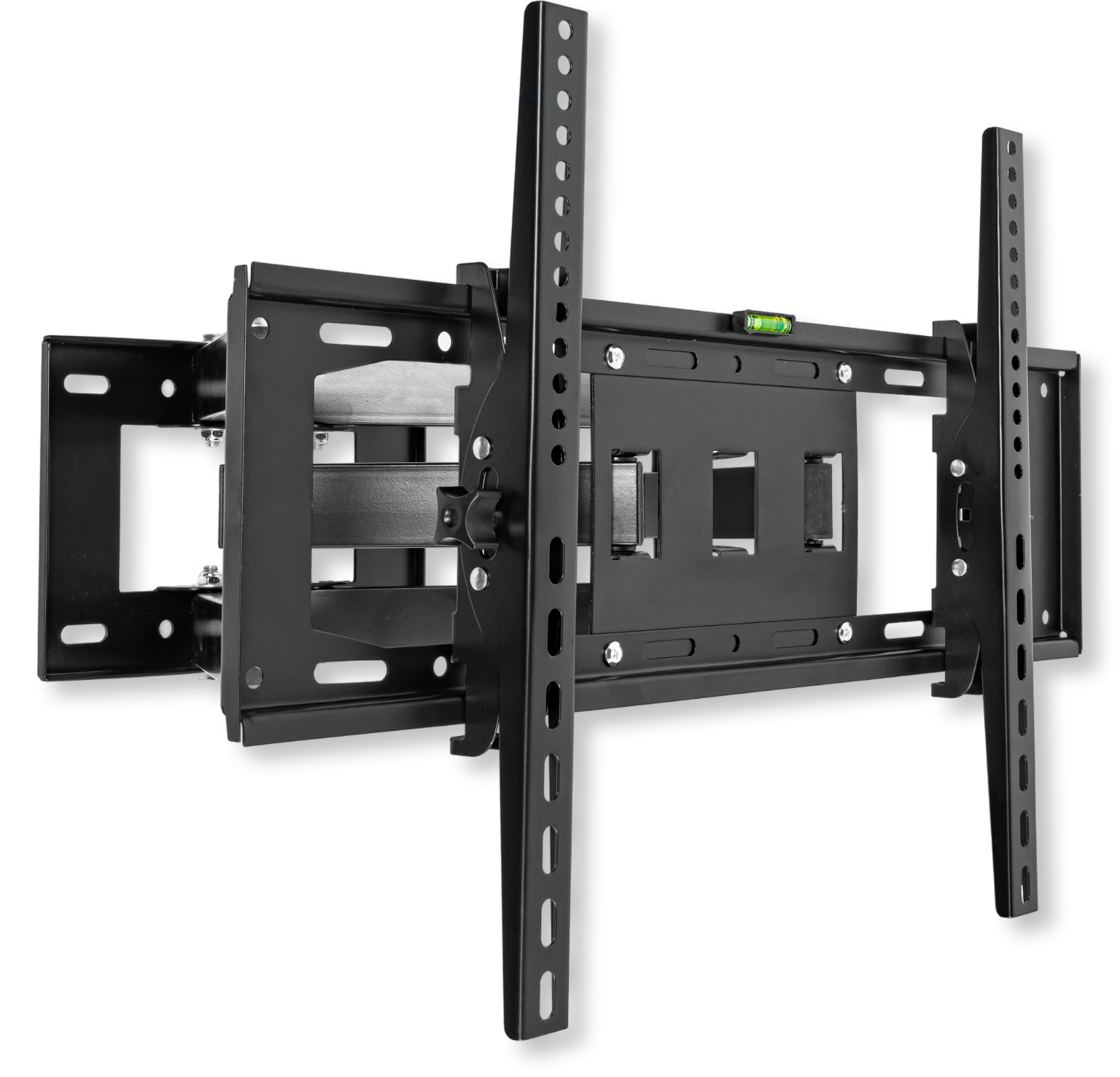 Czarny uchwyt ścienny do telewizora z regulowanymi ramionami i poziomicą.