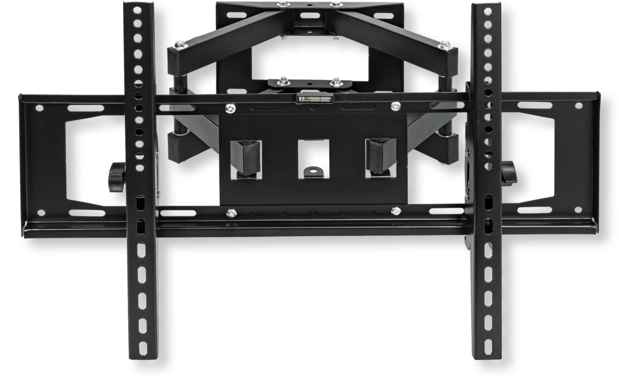 Czarny uchwyt ścienny do TV z regulowanymi ramionami i poziomicą.