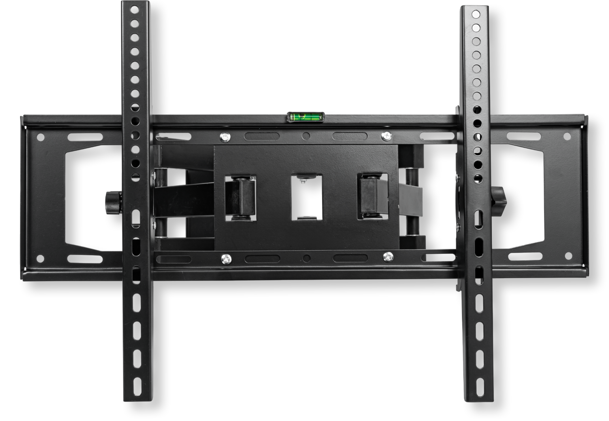Czarny, regulowany uchwyt TV z poziomicą i szynami z otworami.