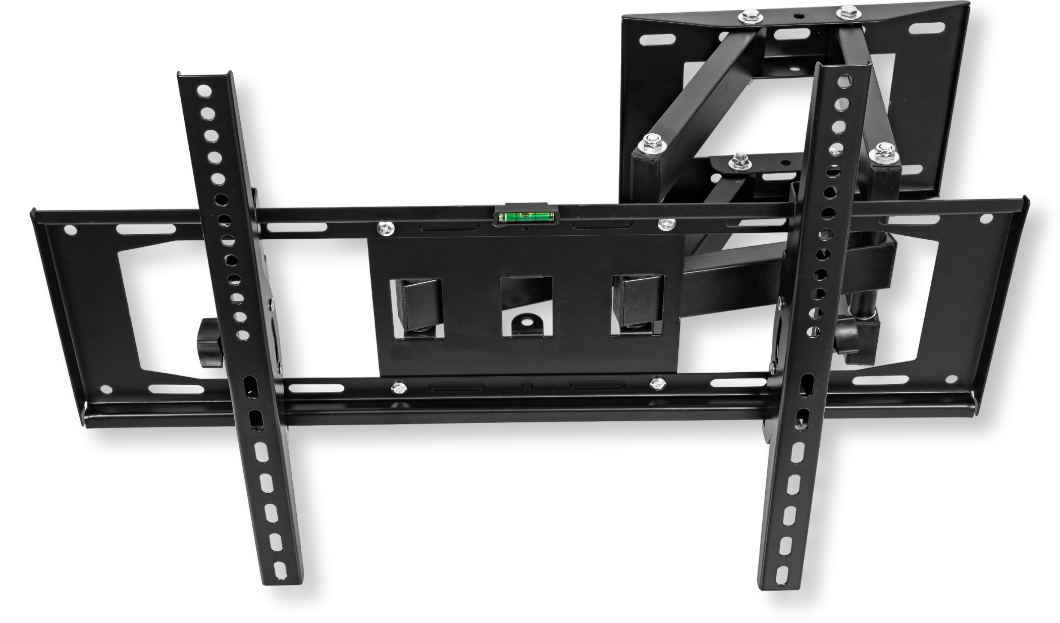 Czarny uchwyt ścienny do telewizora z regulowanymi ramionami i poziomicą.