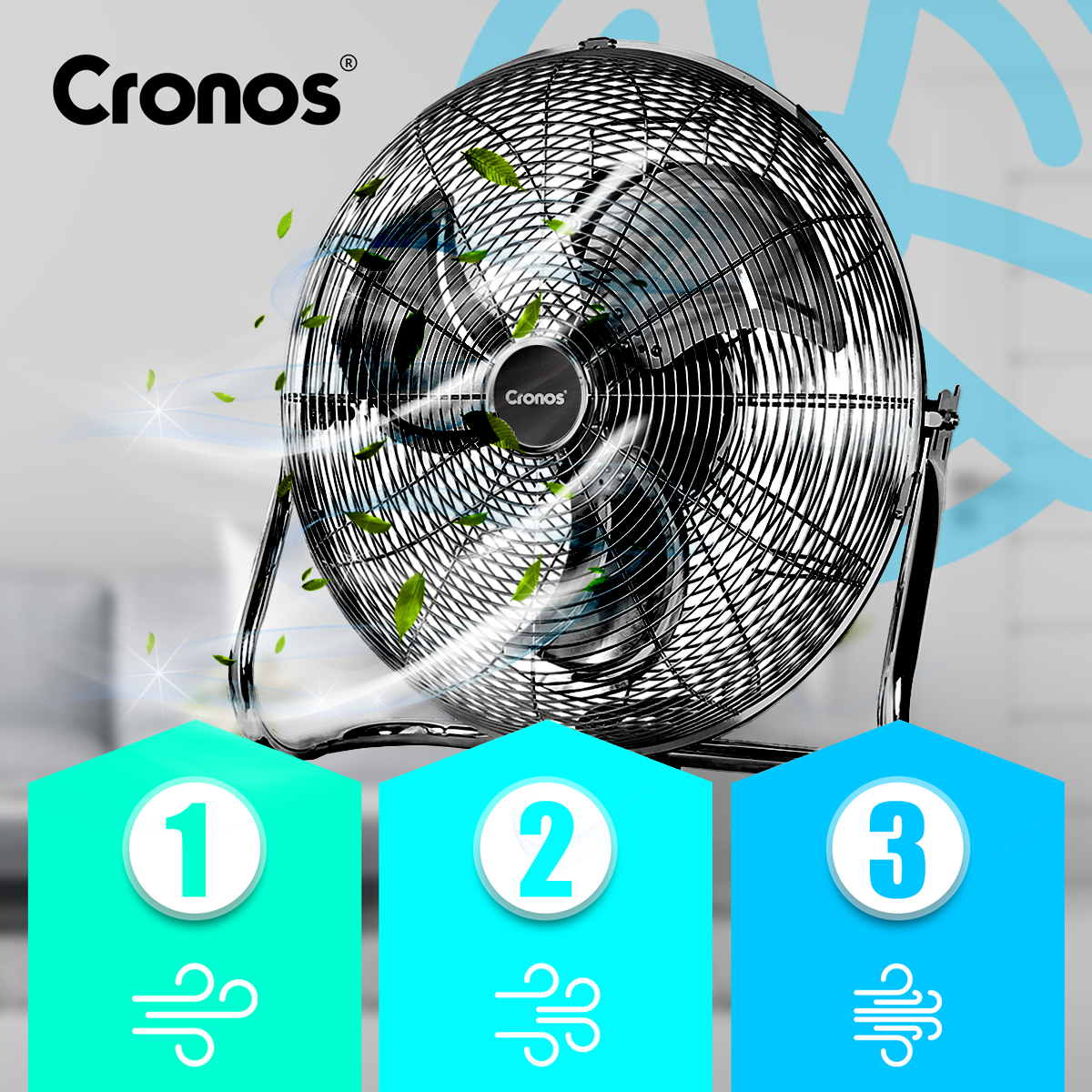 Wentylator Cronos z liśćmi wirującymi w powietrzu. Poniżej trzy poziomy z symbolami wiatru.