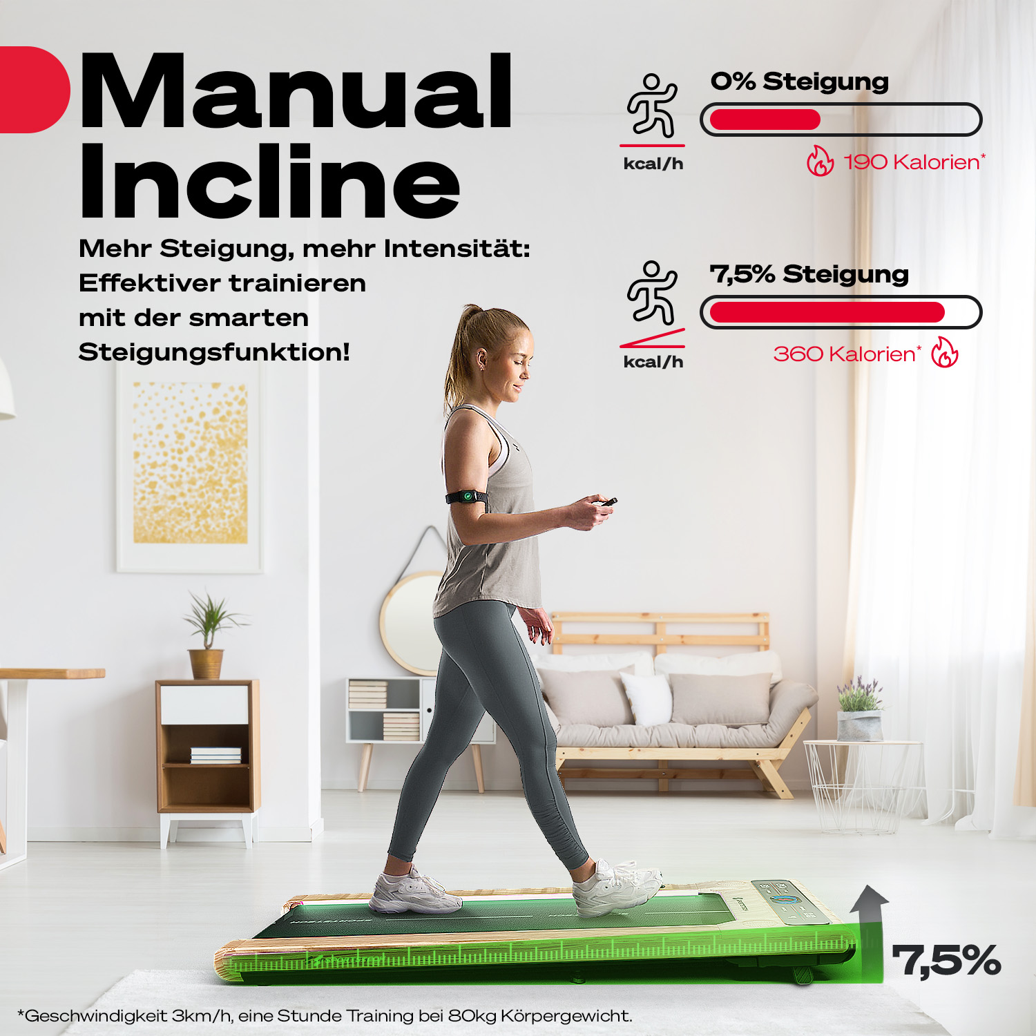 Frau auf Laufband mit 7,5% Steigung, verbrennt 360 Kalorien/h.