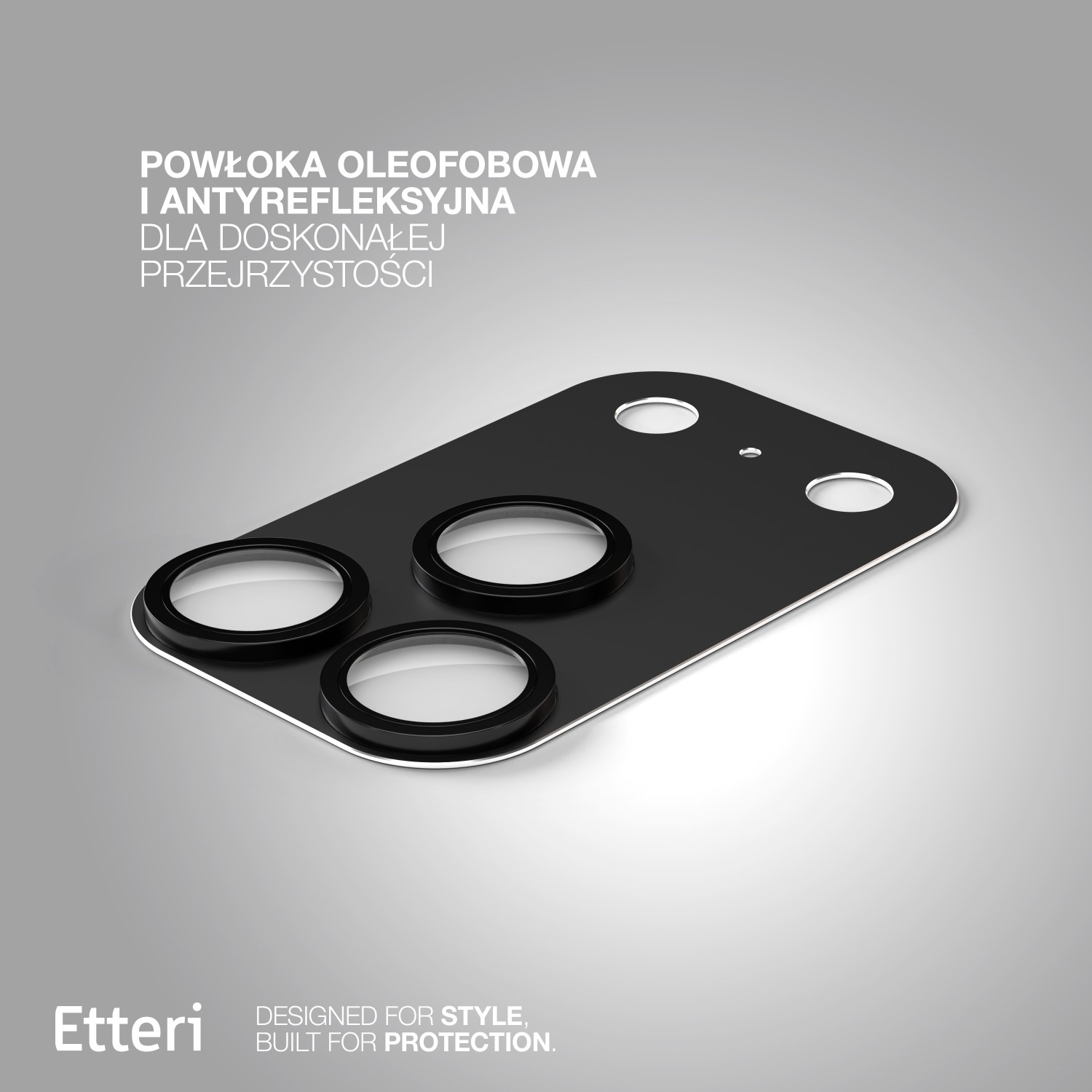 Czarna osłona kamery telefonu z trzema obiektywami i logo Etteri.