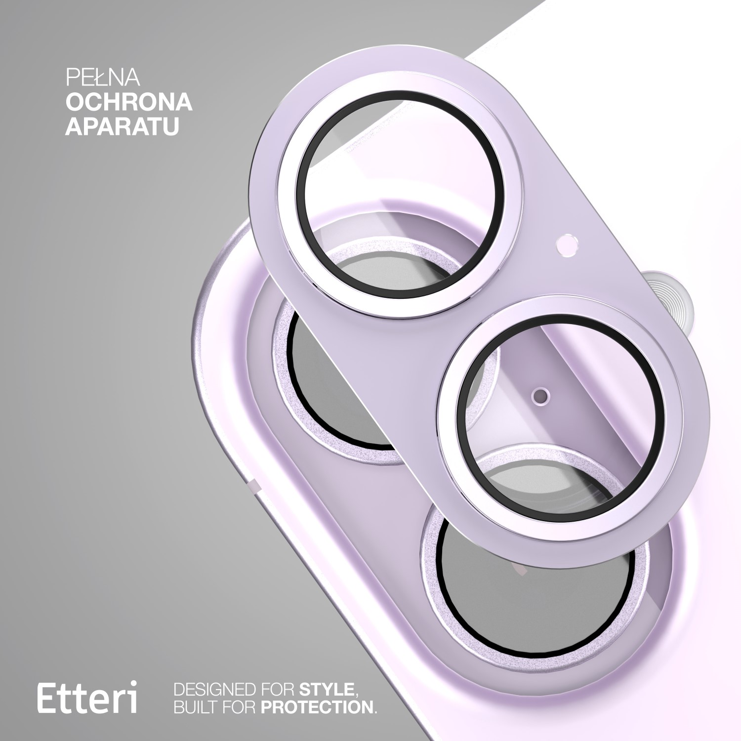 Primo piano di una cover per fotocamera viola pastello su sfondo grigio.